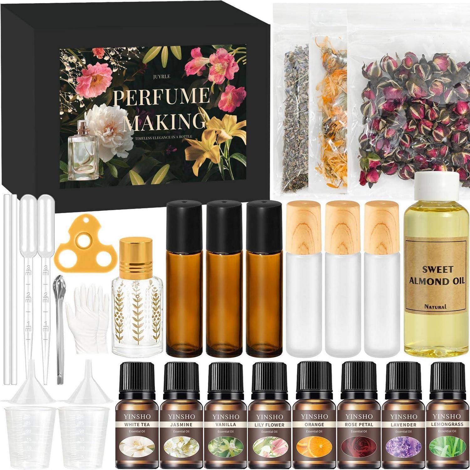 Parfum-Herstellungsset mit Anleitung in Schachtel, getrockneten Blüten, Pipetten, Trichtern, Flaschen, Gläsern, Etiketten und süßem Mandelöl zum Mischen von Düften.