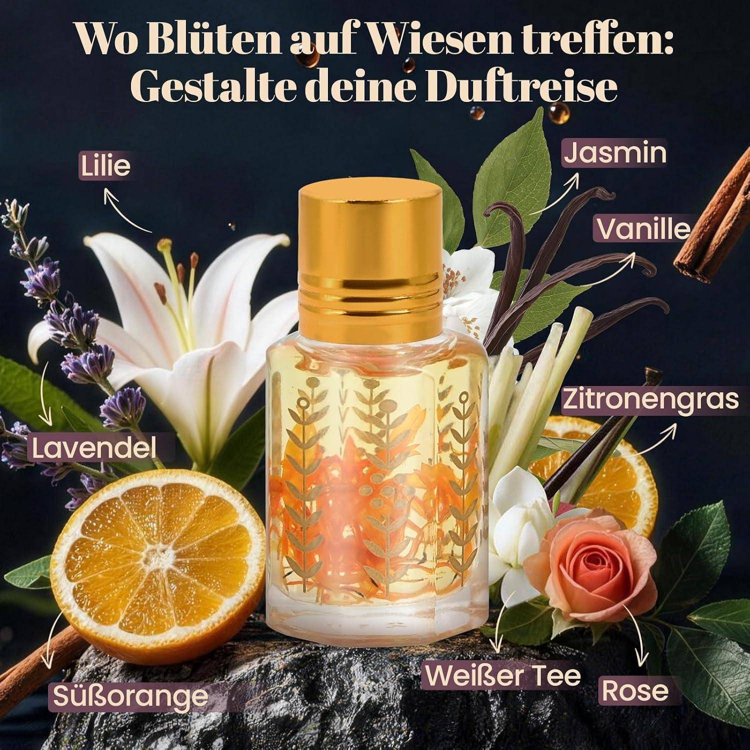 Eine Duftflasche, umgeben von beschrifteten Duftnoten: Lilie, Jasmin, Vanille, Zitronengras, Rose, weißer Tee, Orange und Lavendel, mit der deutschen Überschrift „Wo Blüten auf Wiesen treffen: Gestalte deine Duftreise".