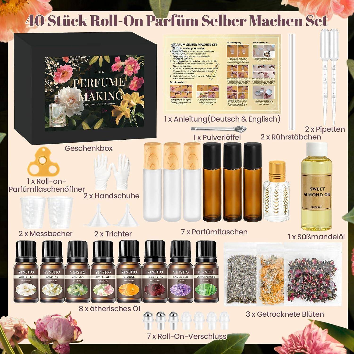 Illustrierte Inhaltsübersicht eines 40er-Sets zur DIY-Herstellung von Roll-On-Parfüm, das Flaschen, Werkzeuge, Öle, getrocknete Blüten, Anleitung und Geschenkbox zeigt.