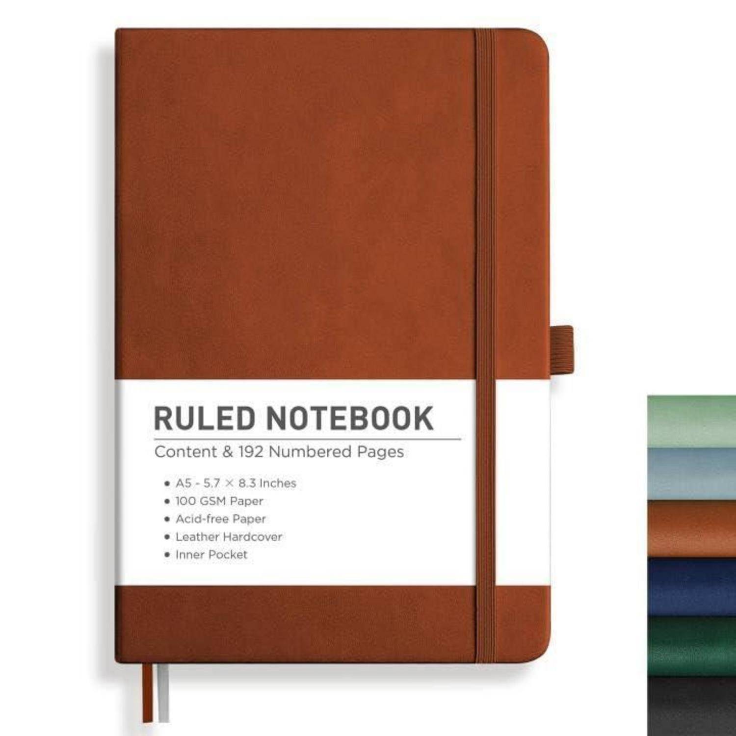 Braunlederner Hardcover-Notizbuch mit Lineatur und Gummiband sowie Etikett mit der Aufschrift „RULED NOTEBOOK