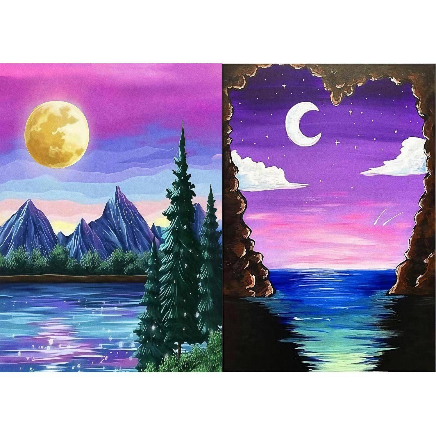 Zwei bemalte Nachtlandschaften nebeneinander: links, Vollmond über Bergen, See und Kiefern; rechts, Halbmond über dem Meer, umrahmt von Felsklippen.