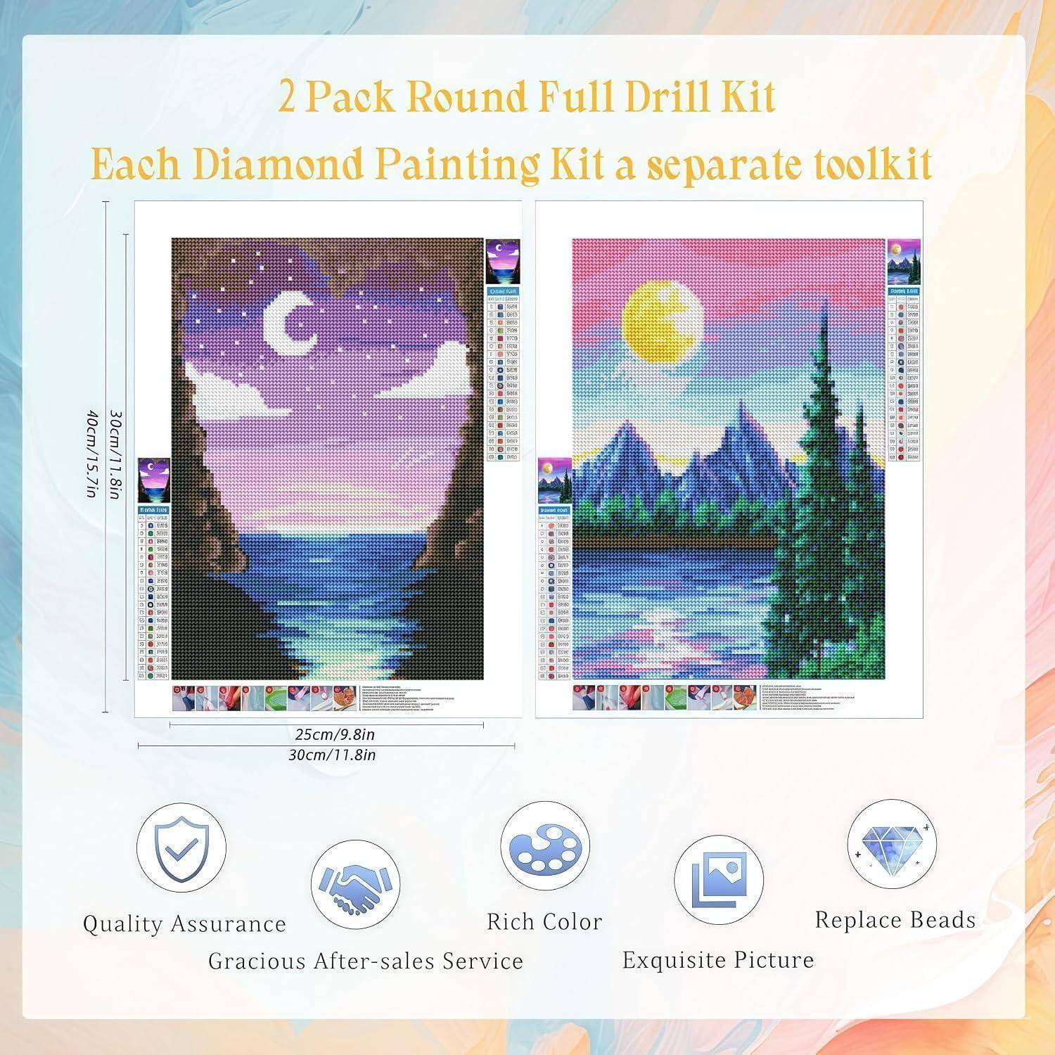 Werbegrafik für ein 2er-Pack rundes Vollbohr-Diamantmalerei-Set, das zwei Landschaftsdesigns mit Werkzeugkits und Symbolen für Qualitätskontrolle, reichhaltige Farben und austauschbare Perlen zeigt.