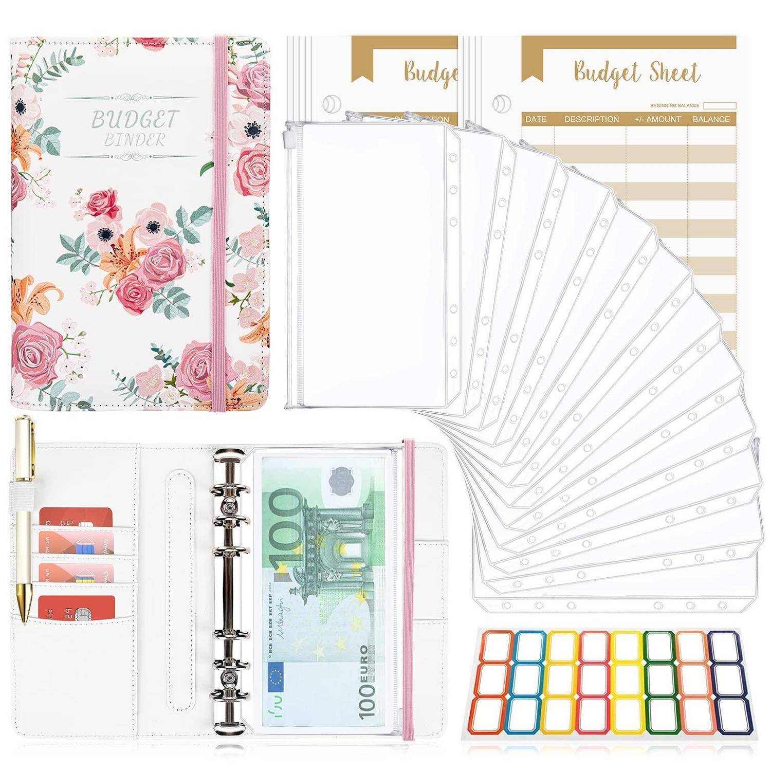 Florales Finanzbudget-Ordner-Set mit Ringbindung, Taschen, Budgetblättern, Stift, Bargeld, Karten und farbigen Reiterregistern zur Finanzorganisation.