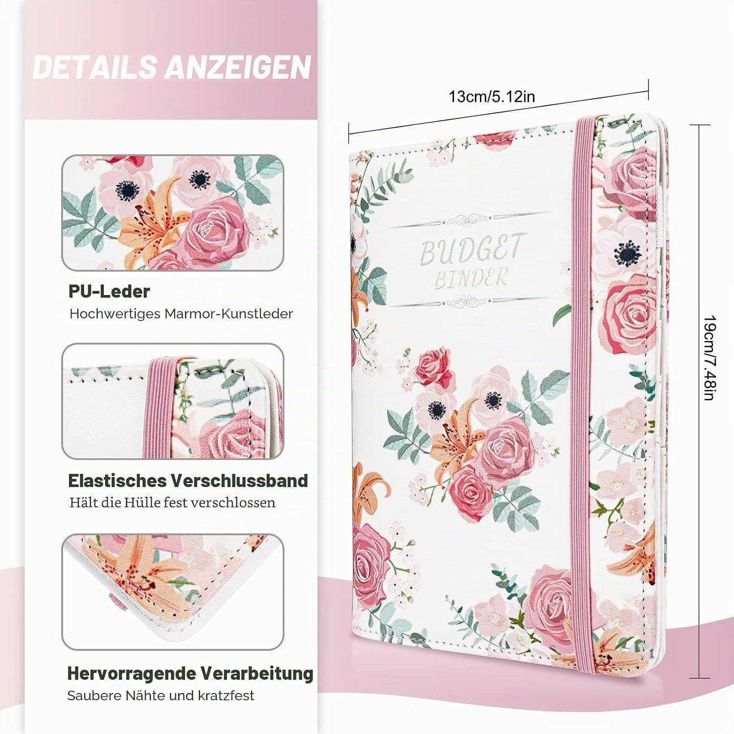 Florale Budget-Bindereinband mit rosa Gummiband, dargestellt mit den Maßen 13 cm x 19 cm und Funktionserklärungen auf Deutsch für PU-Leder, elastischer Verschluss und Nähte.