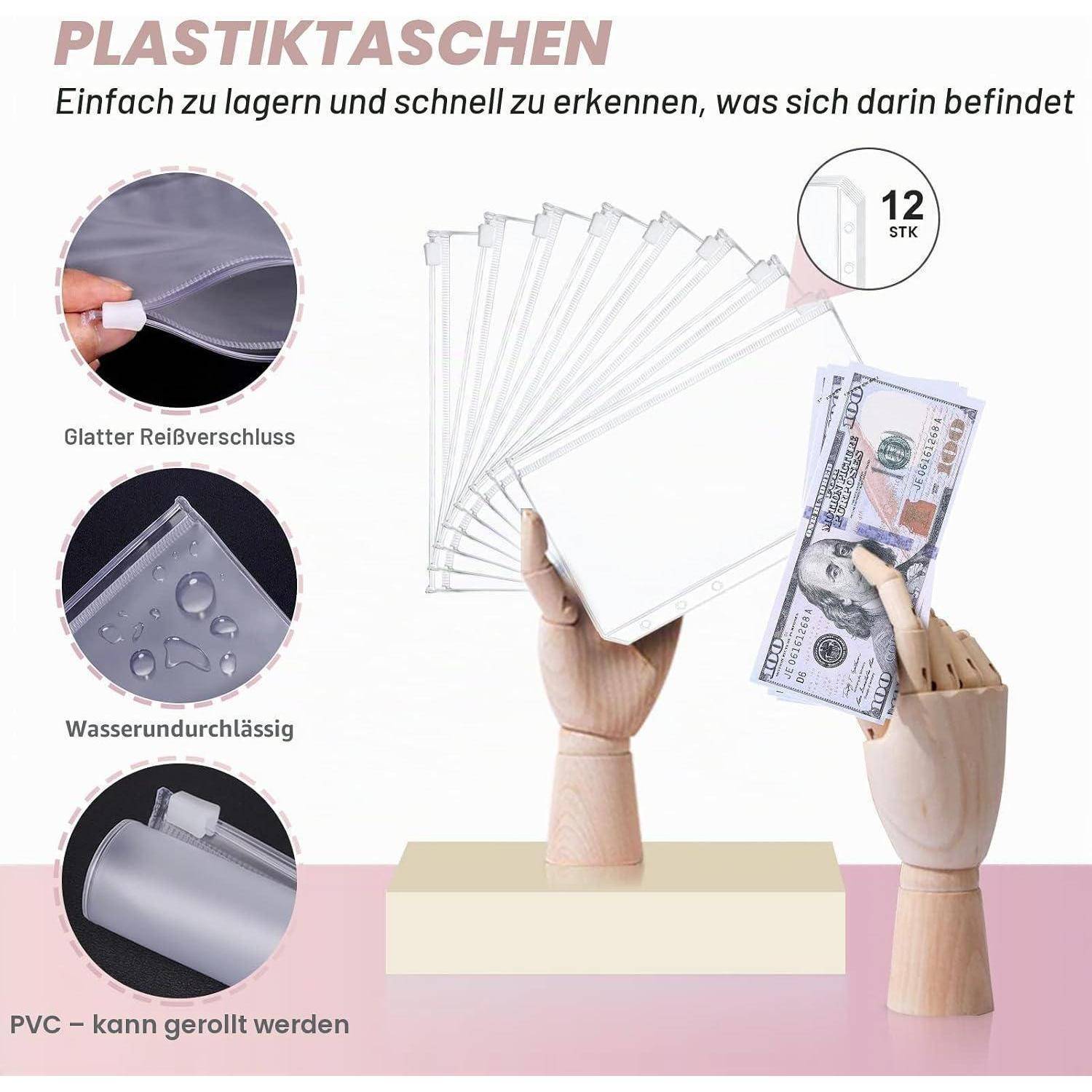 Infografik mit 12 klaren verschließbaren Kunststoffbeuteln zur einfachen Lagerung und schnellen Identifikation; wasserdicht, glatter Reißverschluss, rollbares PVC.