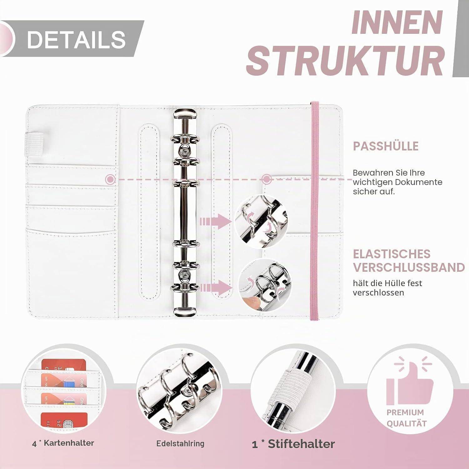 Weiße Binderorganizer, geöffnet, zeigt die innere Struktur mit Metallringen, Dokumentenschutzhülle, elastischem Verschlussband, Kartenfächern und einer mit Etikett beschrifteten Stiftschlaufe auf Deutsch.