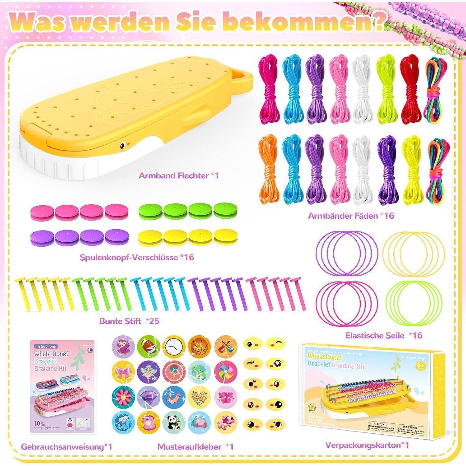 # Infografik eines Webrahmen-Sets mit gelben Flechtbrett, farbigen Schnüren, Druckknöpfen, Gummibändern, Aufklebern, Anleitung und Produktkarton mit deutschen Beschriftungen und Mengenangaben.
