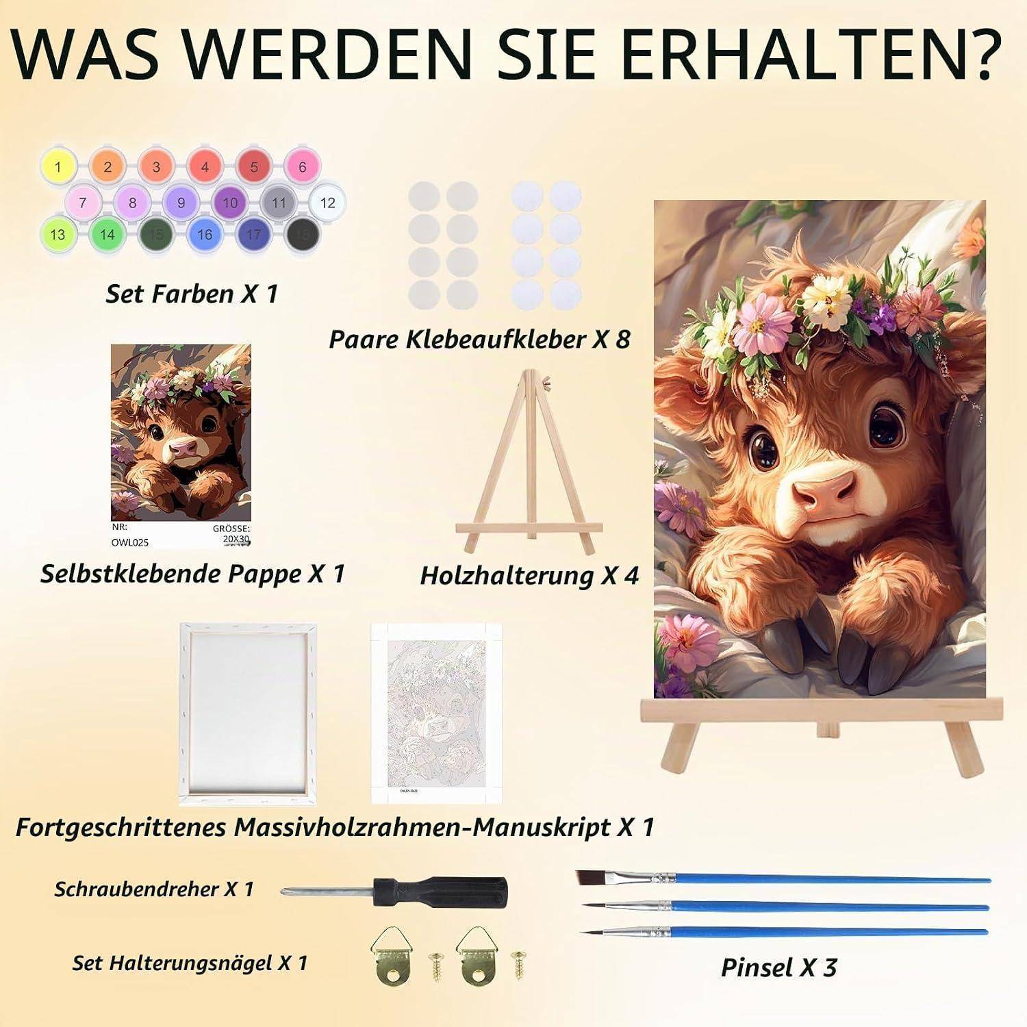 Deutscher Produktinhaltstext für ein Kuh-Malen-nach-Zahlen-Set: Farbset, Klebeknöpfe, selbstklebendes Leinentuch, Holzständer, gerahmtes Manuskript, Schraubendreher, Aufhängenägel und 3 Pinsel.