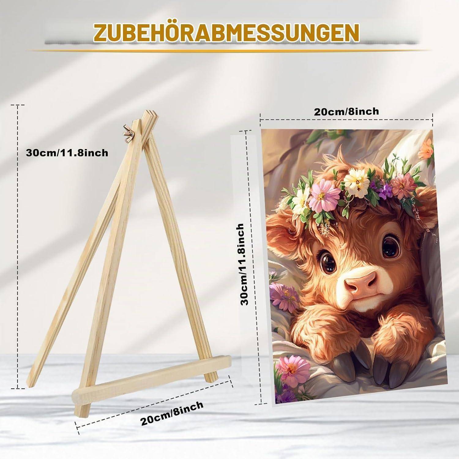Diagramm zeigt eine Staffelei und ein 20 x 30 cm Druckformat, mit Abmessungen gekennzeichnet als 'ZUBEHÖRABMESSUNGEN'.
