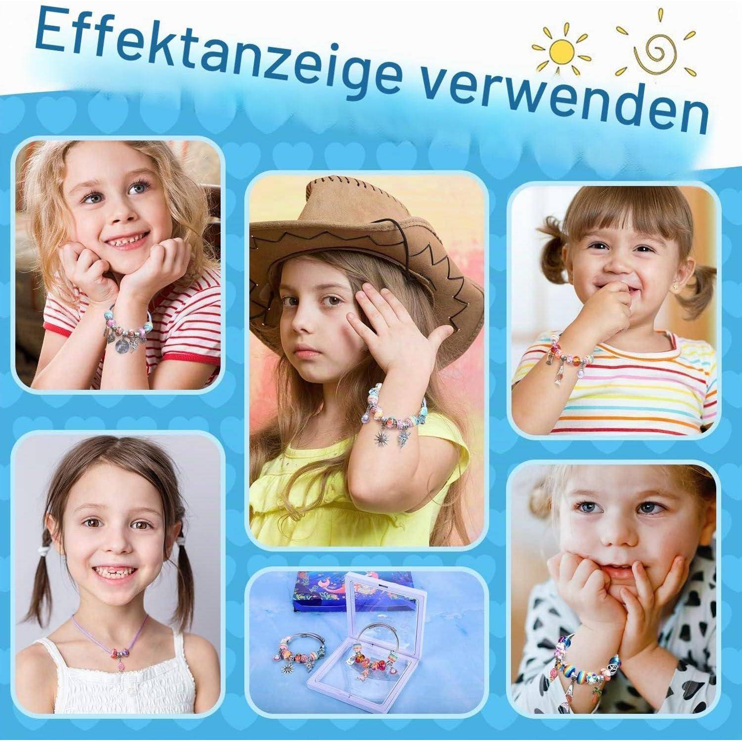 Collage junger Mädchen, die bunte Perlenarmbänder tragen, mit dem deutschen Text „Effektanzeige verwenden