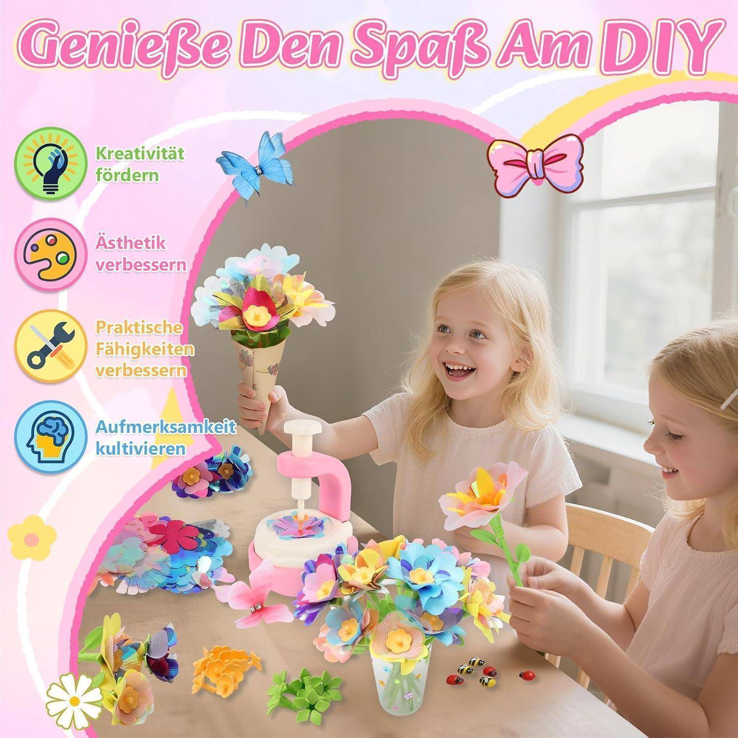 Zwei Mädchen stellen bunte Papierblumen-Bastelarbeiten an einem Tisch her; der deutsche Text sagt „Genießen Sie den Spaß des DIY