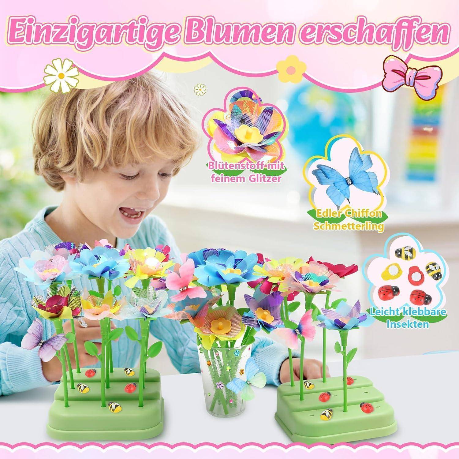 Kind spielt mit einem Blumenbastelsatz mit bunten Papierblumen, Schmetterlingen und Insektendekoration, mit deutschem Text 
