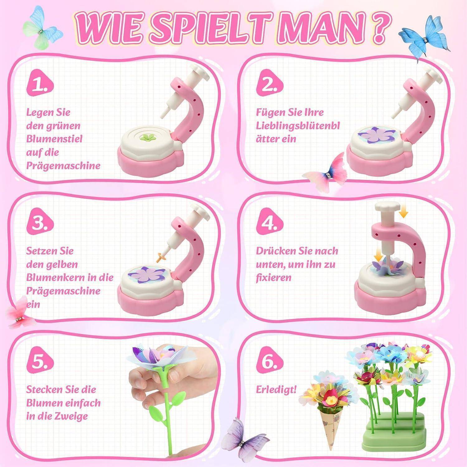 Deutsches Schritt-für-Schritt-Grafik zum Herstellen von Papierblumen mit einer Pressmaschine, vom Platzieren der grünen Stielform und Hinzufügen von Blütenschichten zum Pressen, Zusammensetzen und fertigen Blumensträußen.