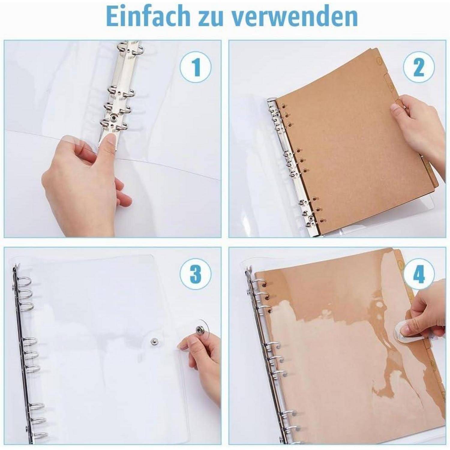 Vierschrittiger Leitfaden zur Notizbuchdeckelmontage, der einen Ringordner, einen braunen Umschlag, eine transparente Kunststofffolie und eine Hand zeigt, die einen Druckknopfverschluss schließt; der Titel lautet „Einfach zu verwenden