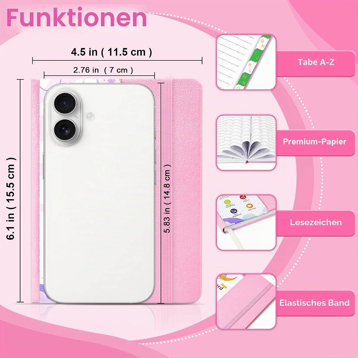Rosa Notizbuch-Umschlag in Handygröße mit folgenden Merkmalen: Register A-Z, hochwertiges Papier, Lesezeichen und Gummiband, mit beschrifteten Abmessungen.
