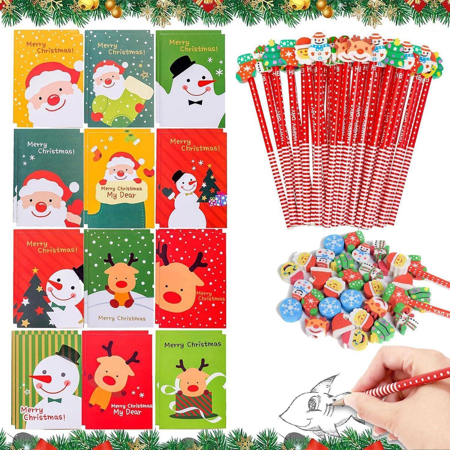 Weihnachtsthematisches Schreibwarenset mit illustrierten Geschenkanhängern/Karten, rot gemusterten Bleistiften mit festlichen Radiergummis und verschiedenen Weihnachtsradiergummis mit einer Handzeichnung auf Papier.