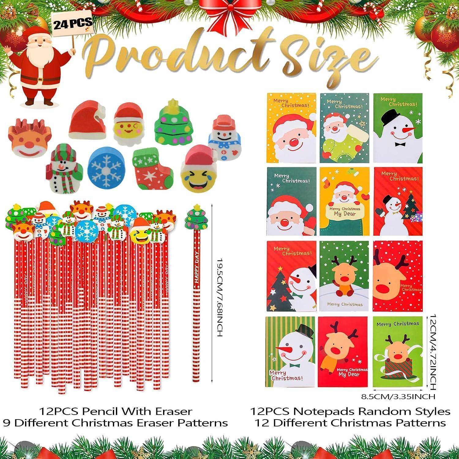 Weihnachtliches Schreibwaren-Größendiagramm mit 24 Teilen: 12 Bleistifte mit Radiergummis in 9 Weihnachtsdesigns und 12 Mini-Notizblöcke in 12 Weihnachtsmustern.