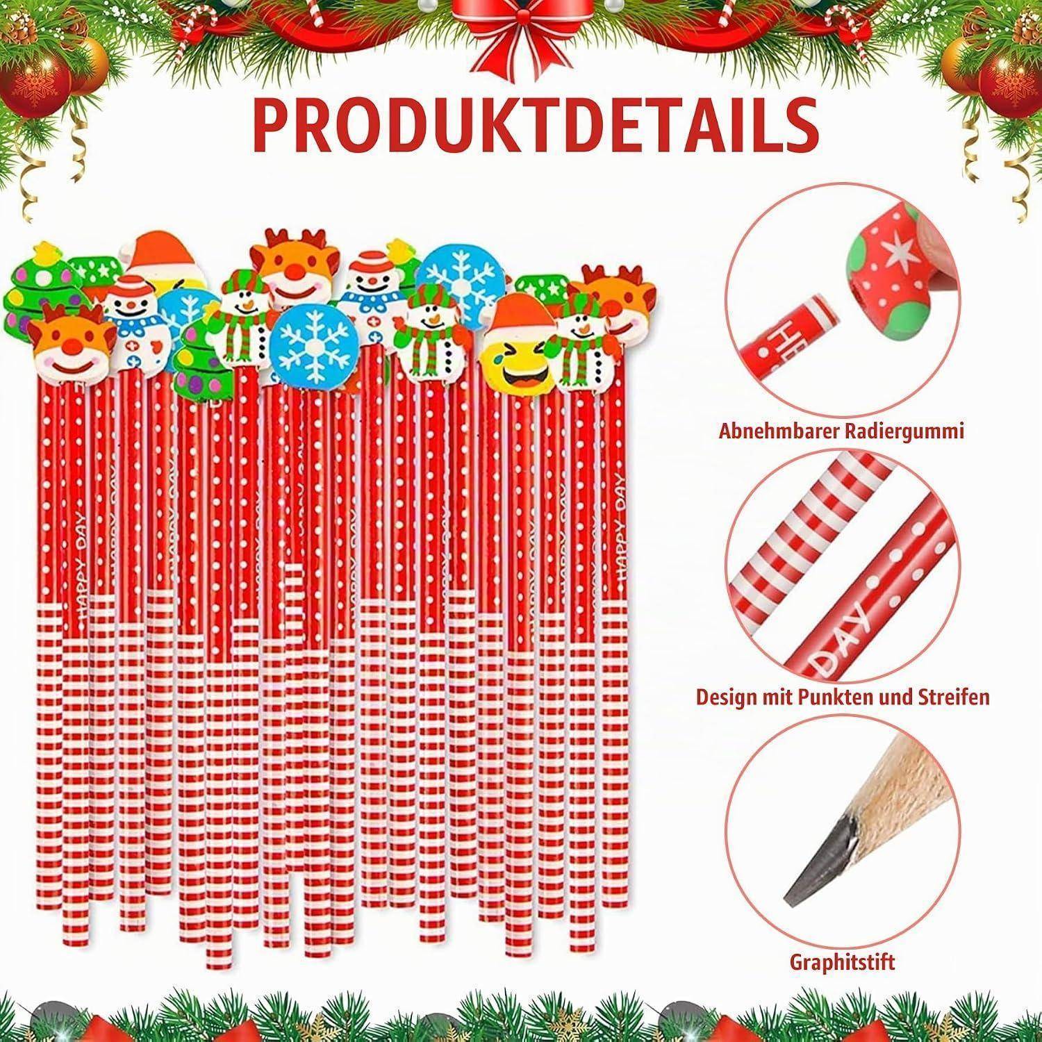 Weihnachtsthematisiertes Produktdetailbild mit einem Set aus rot-weiß gestreiften Bleistiften mit festlichen Tier-Radiergummis; Hinweise heben hervor: abnehmbarer Radiergummi, Punkt- und Streifendesign und Bleistiftspitze.