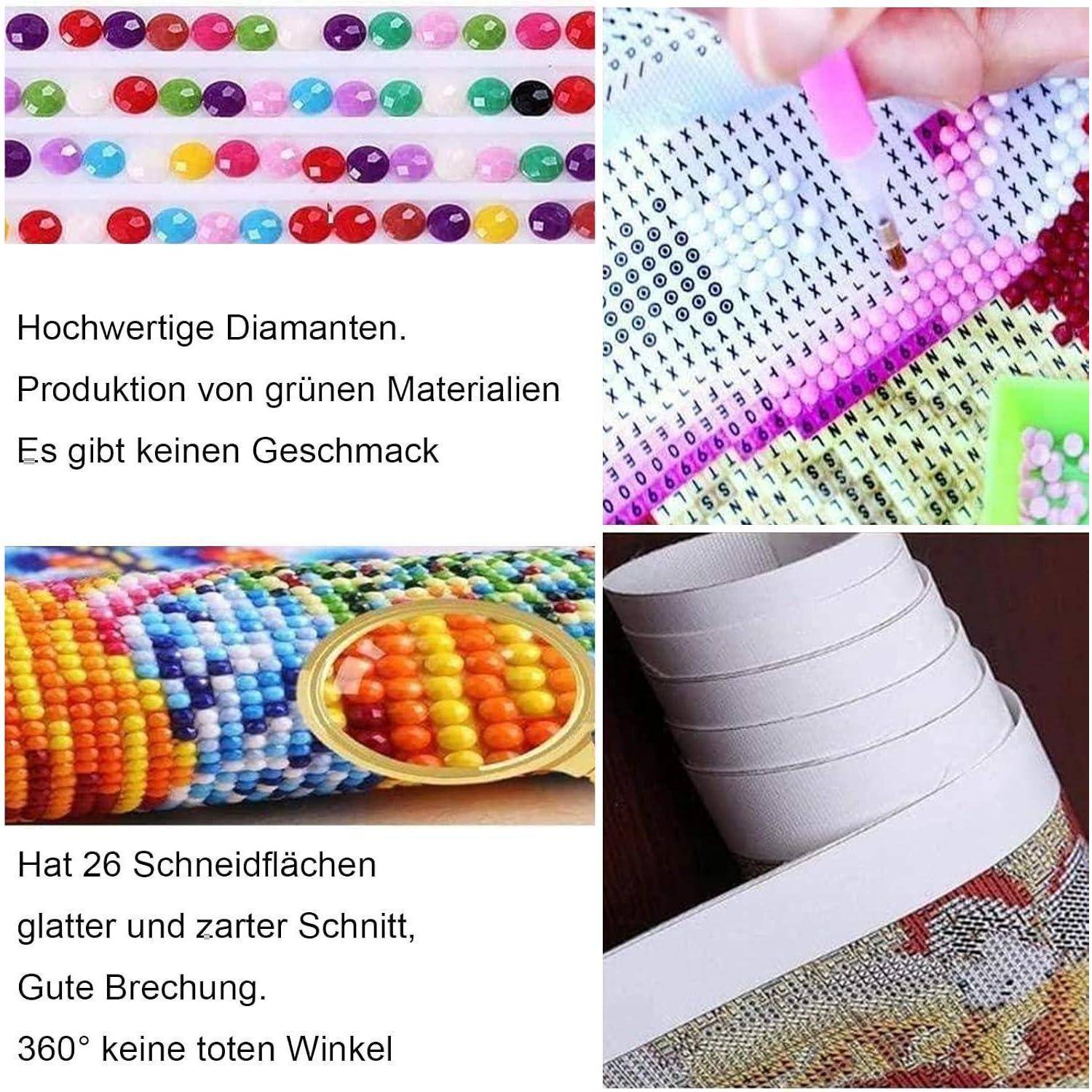 Collage-Werbung für bunte Klebediamanten/Strass-Rollen, zeigt Nahaufnahmen von Edelsteinmustern und deutschen Text, der hochwertige Qualität, glatte Schnittflächen und 360°-Glanz bewirbt.