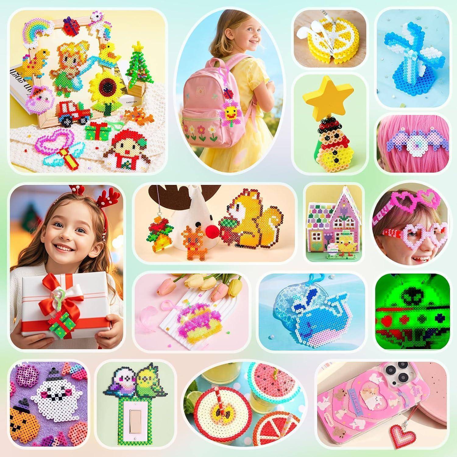 Collage von Bastelarbeiten aus Perlen für Kinder, bestehend aus Tieren, Sternen, Geschenken, Accessoires und einem Mädchen, das einen rosa Rucksack trägt.