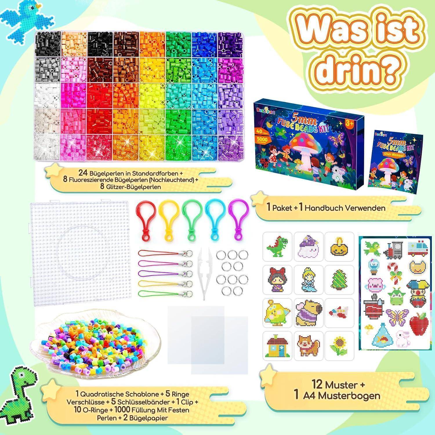 Produktbild eines 5-mm-Schmelzperlen-Sets, das farbige Perlen, Steckbretter, Werkzeuge, Mustersheets und Verpackung mit der Aufschrift „Was ist drin?