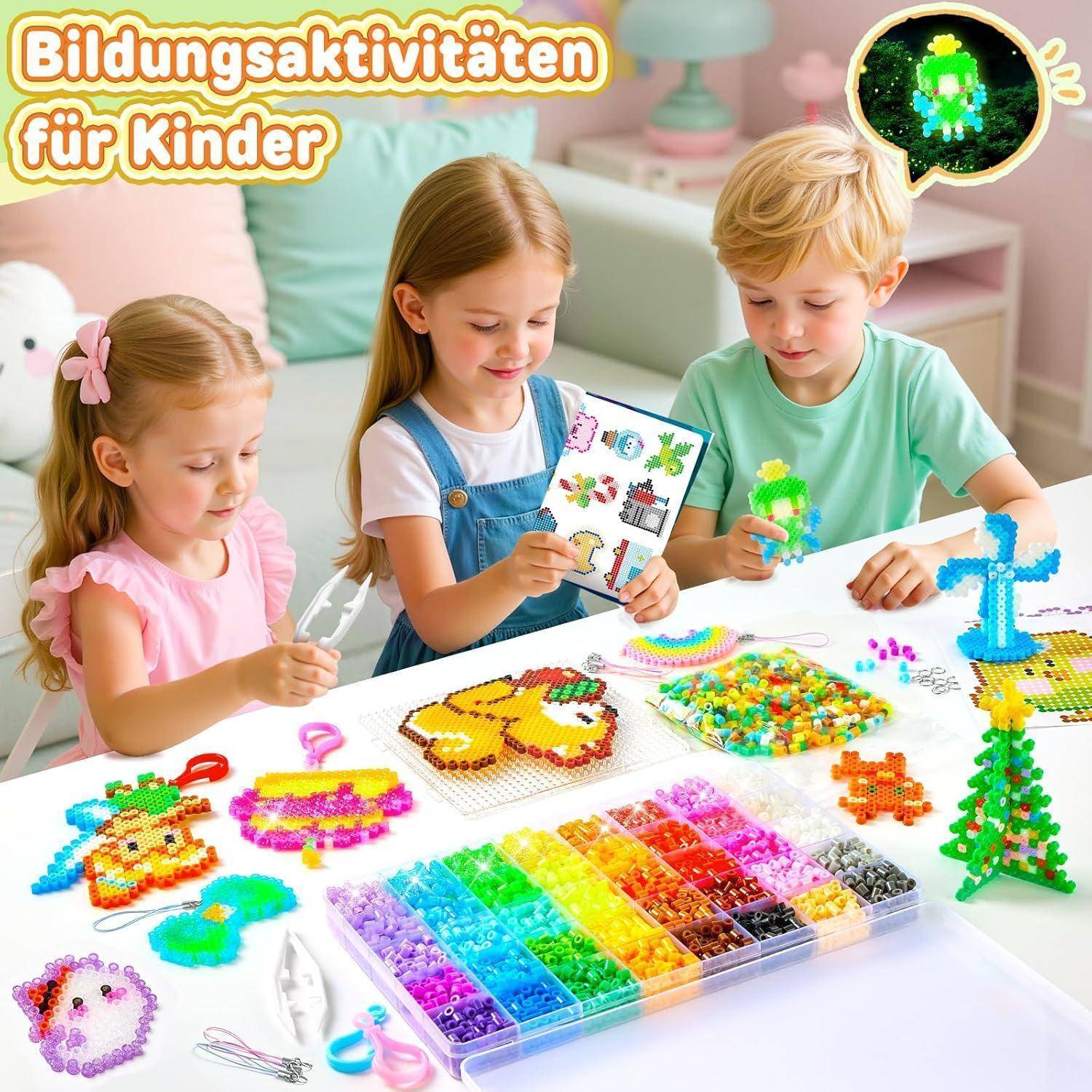 Bügelperlen Set, 5000 Stück 5mm Perlen mit 40 Farben, inkl. Leuchtende Bügelperlen & Glitzerperlen, Platten, Kreativset Bastelset für für Kinder