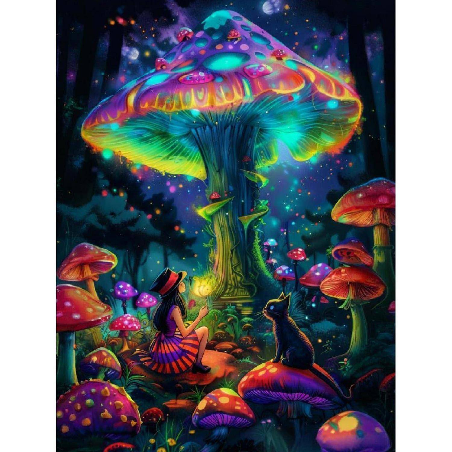 Farbenfrohe Fantasieszene einer Frau und einer Katze, die zwischen leuchtenden Pilzen unter einem riesigen Neon-Pilz in einem magischen Nachtwald sitzen.
