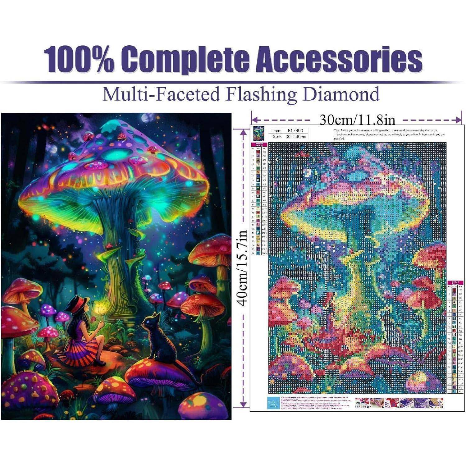 Diamond-Malerei-Set-Werbung zeigt eine bunte psychedelische Pilzszene neben ihrem Perlenmuster-Diagramm, gekennzeichnet mit „100% vollständiges Zubehör