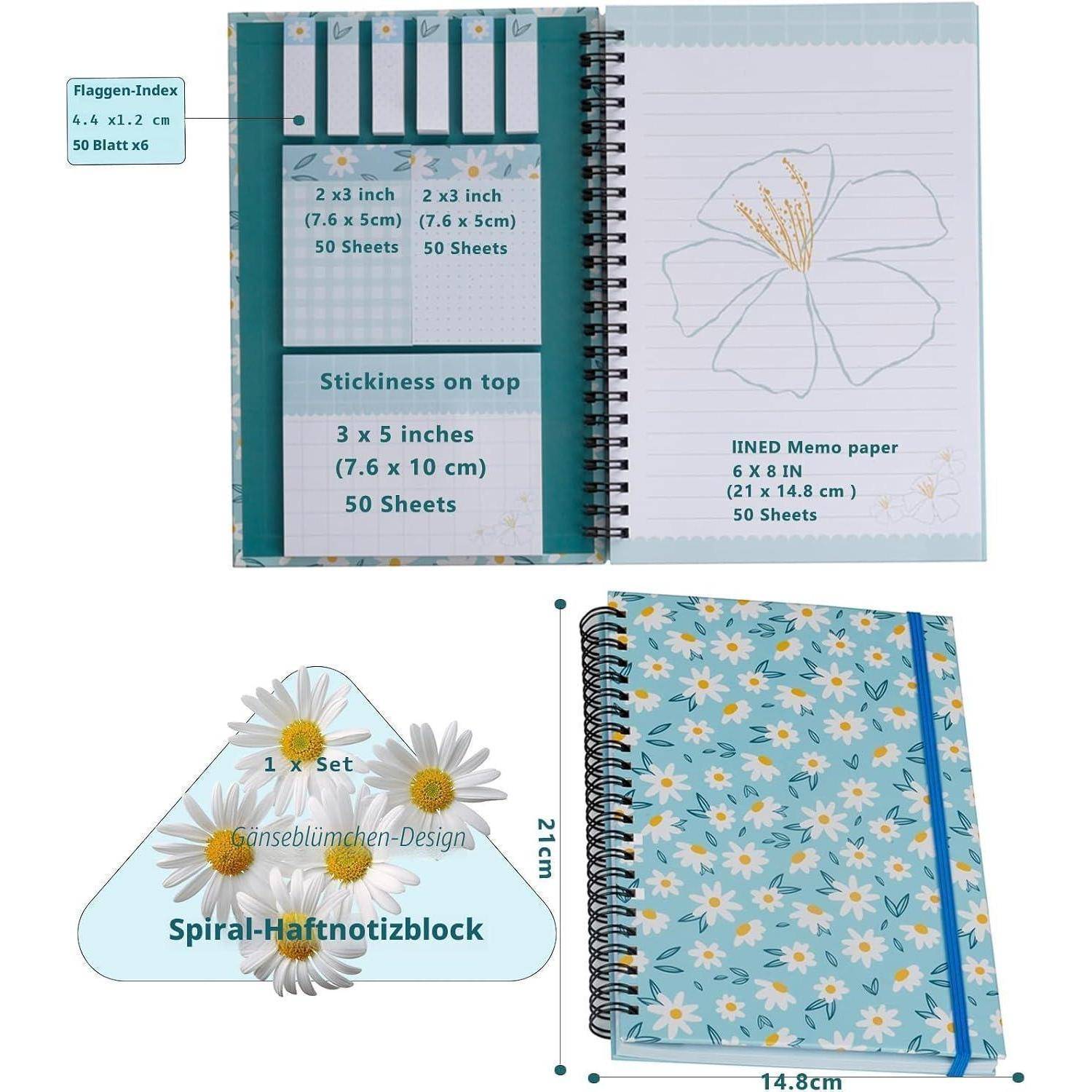 Produktbild eines Spiralblock-Notizbuches und Set: liniertes 6 x 8 Zoll Notizblattpapier, Haftnotizen und ein gänseblümchenthematisches Spiralblockpad mit Größenetiketten 21 cm x 14,8 cm.