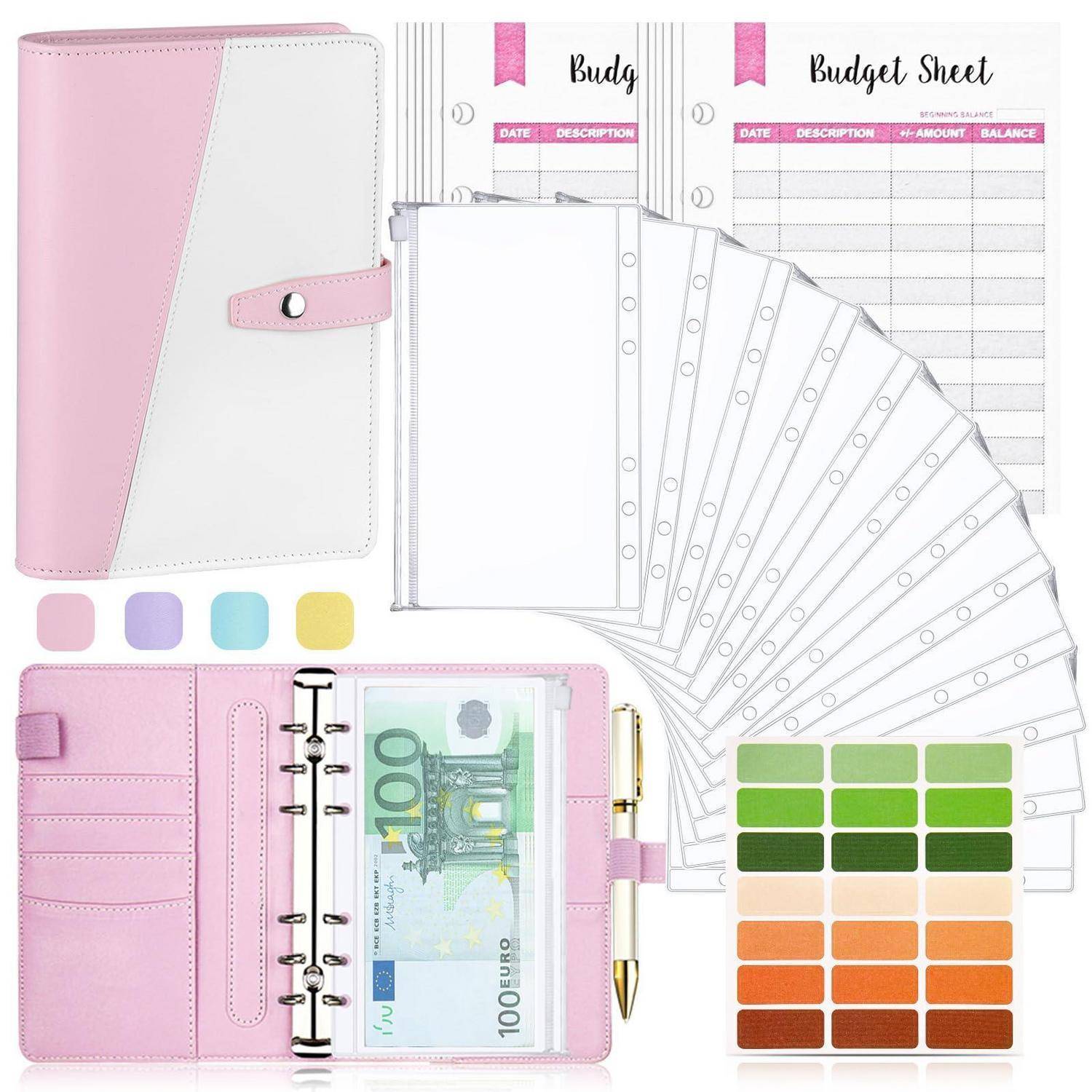 Rosa ringgebundenes Budget-Planer-Set mit Budget-Blättern, Trennblättern, durchsichtigen Schutzhüllen, Stift, Geldeinlage und farbigen Aufklebern.