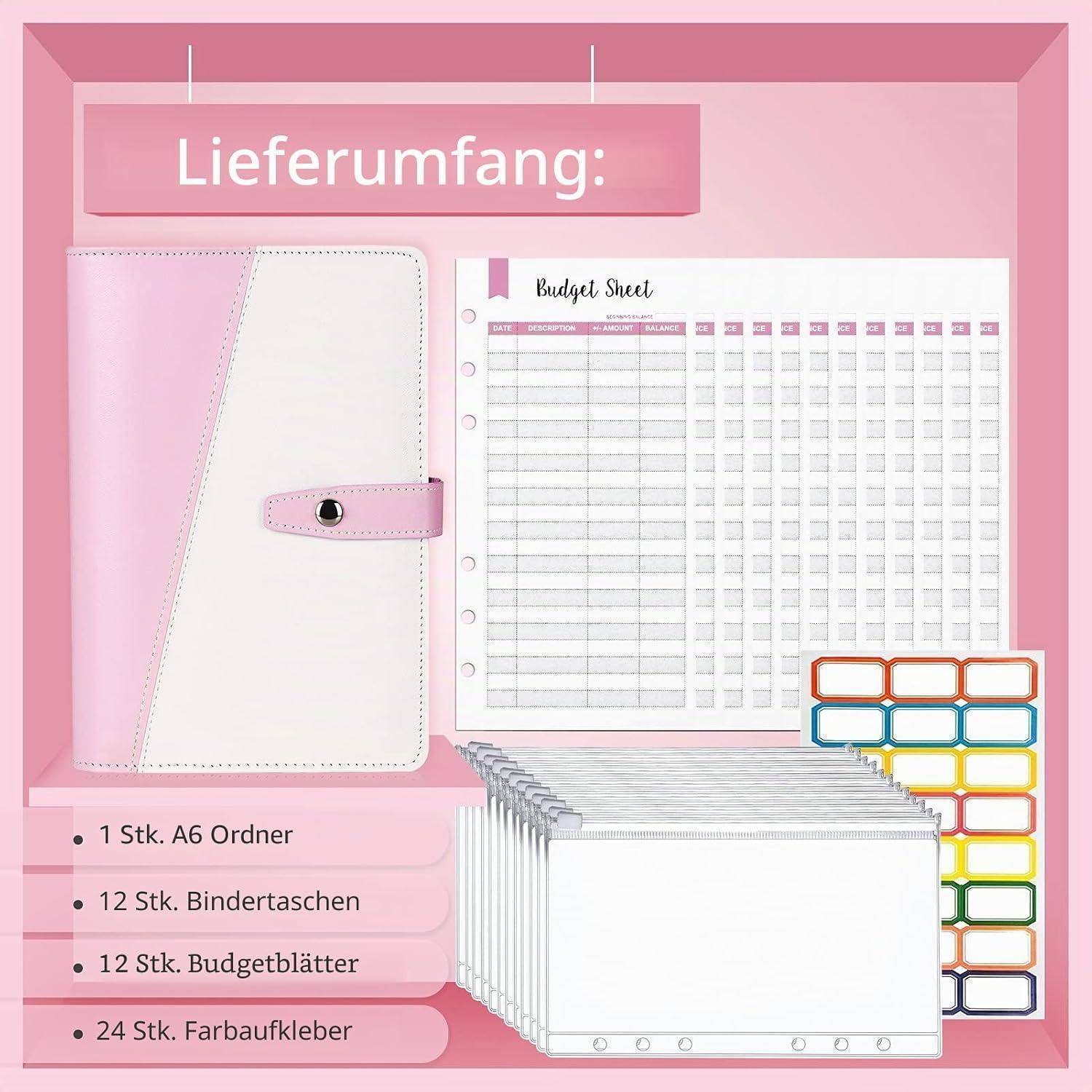Rosafarbenes A6-Budgetordner-Set mit einem Ordner, 12 Einsteckhülsen, 12 Budgetblättern und 24 farbigen Etiketten im Lieferumfang enthalten.