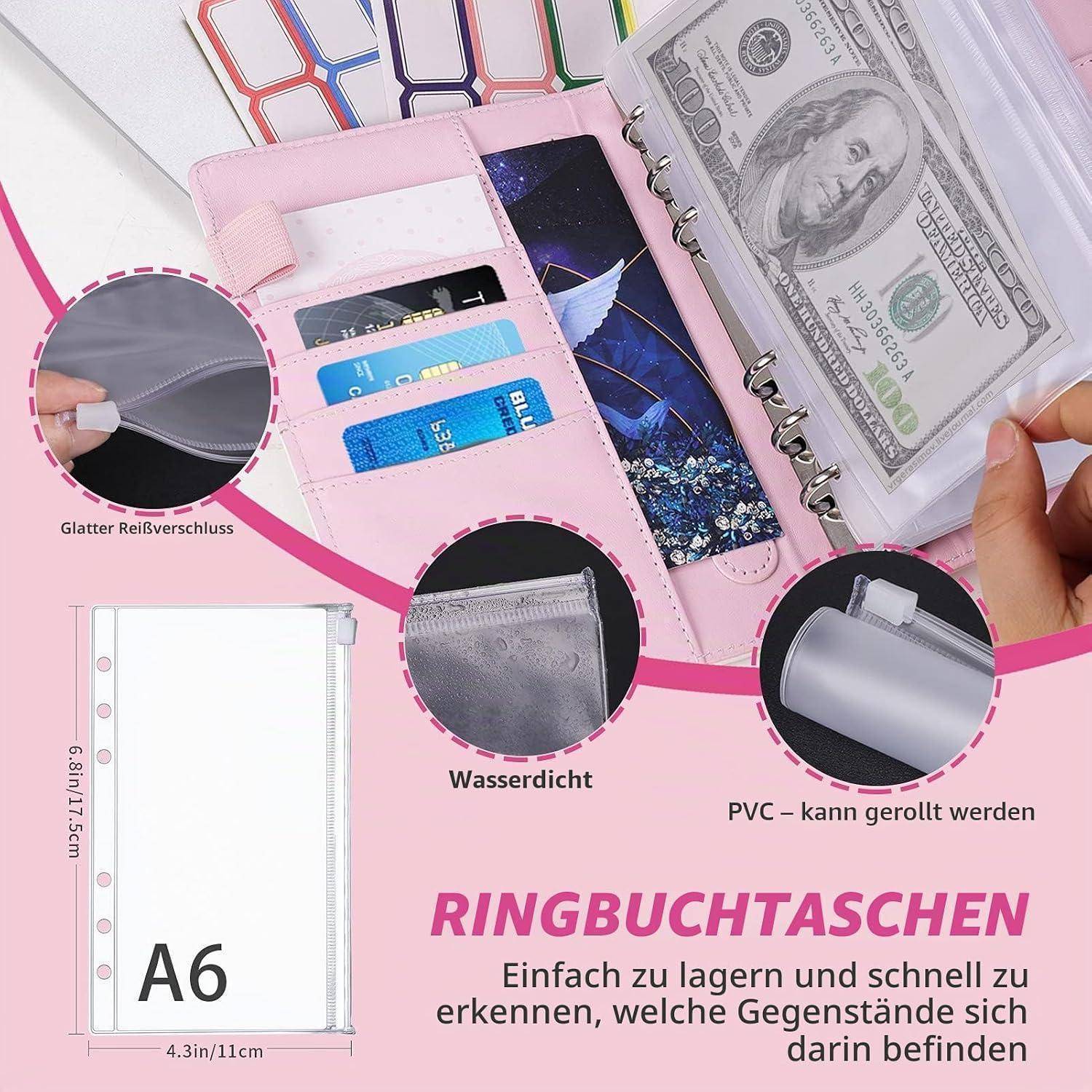 Rosa A6-Ringbindertasche mit Reißverschluss und transparenten PVC-Taschen zur Aufbewahrung von Bargeld und Karten; deutsche Beschriftungen heben den glatten Reißverschluss, das wasserdichte Material und das rollbare PVC hervor.