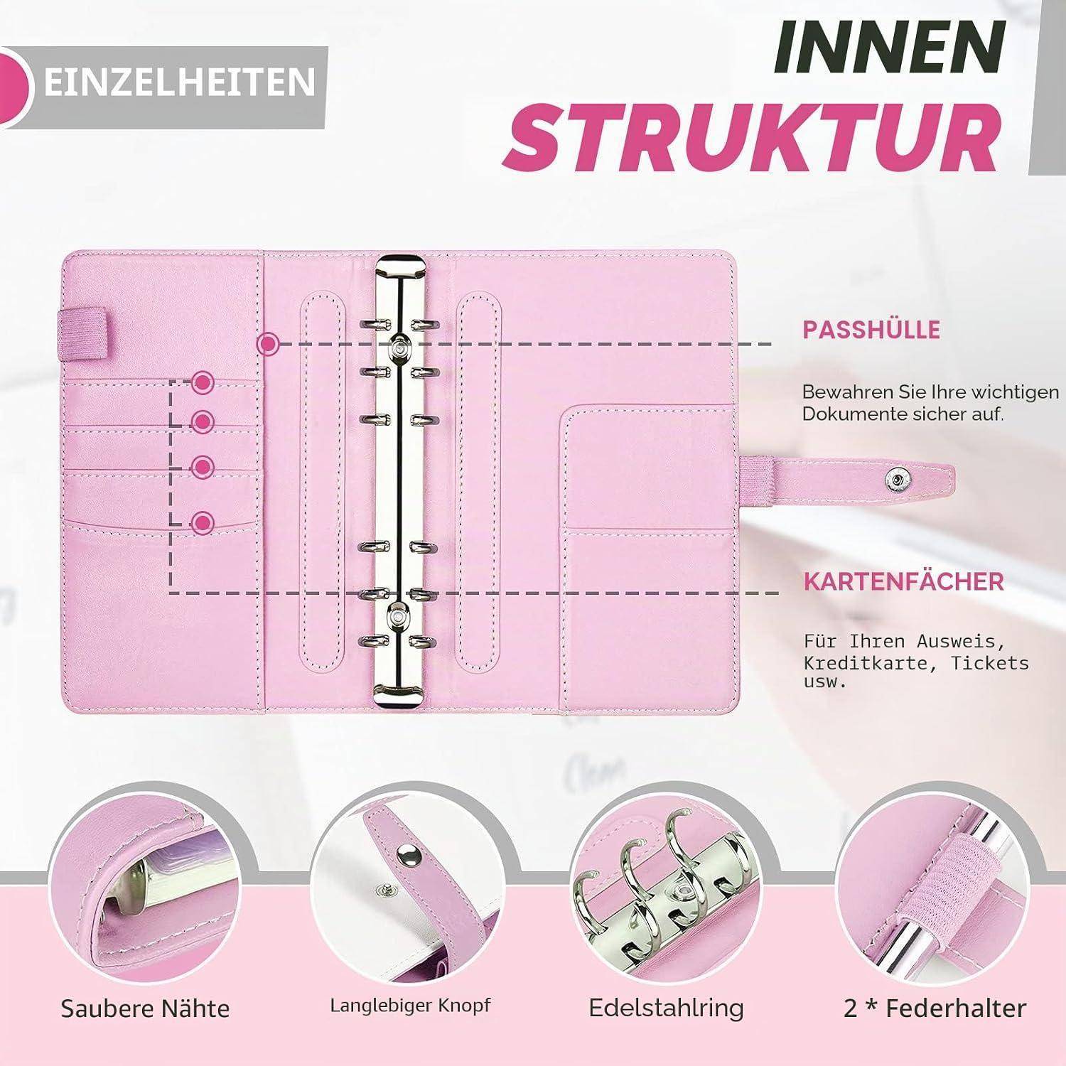 Illustrierter rosafarbener Binderorganizer, der die innere Struktur zeigt: Dokumententasche, Kartentaschen, Riemenverschluss, Edelstahlringbinder und Funktionen wie saubere Nähte, haltbarer Knopf und Stifthalter.