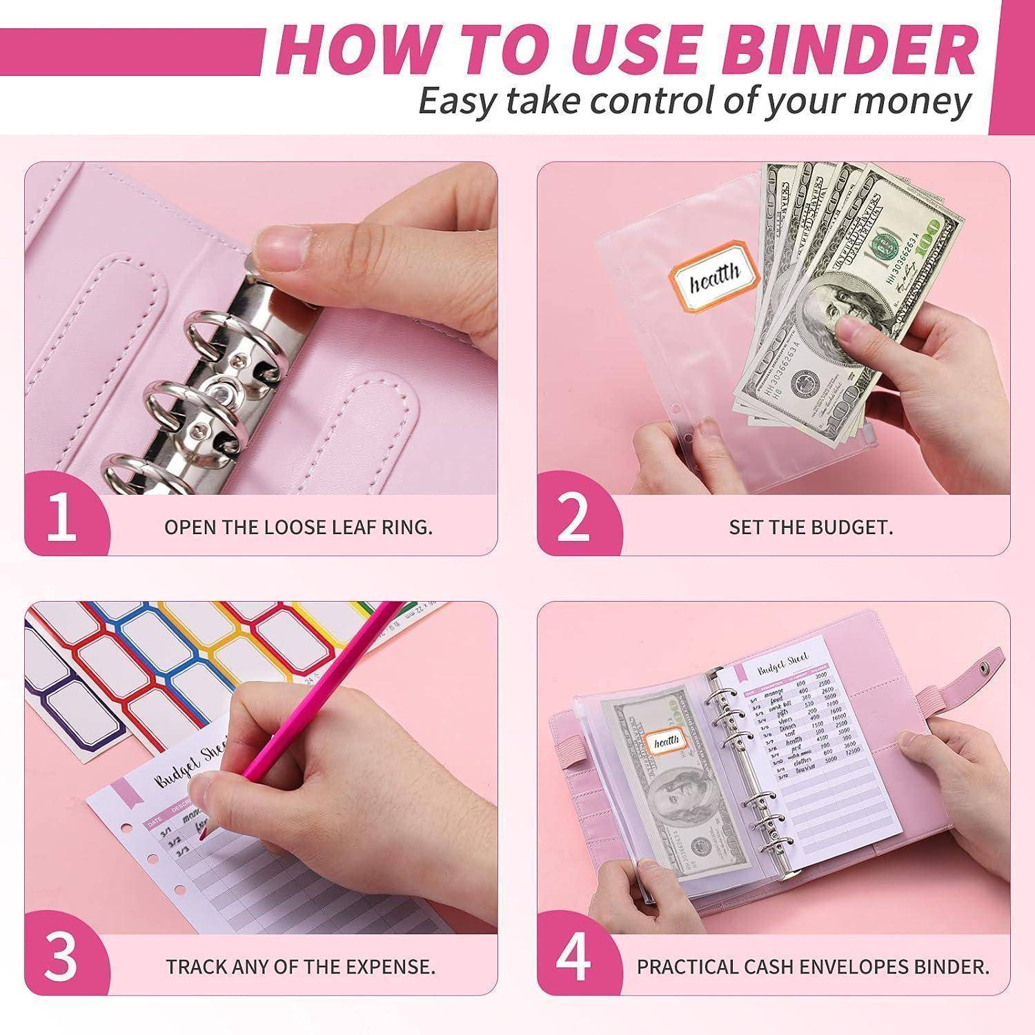 Vierschritte-Leitfaden zum Binderbudgetierung: Öffnen Sie den Ringbinder, legen Sie das Budget mit Bargeld fest, verfolgen Sie die Ausgaben, und verwenden Sie einen Bargeld-Umschlag-Binder.