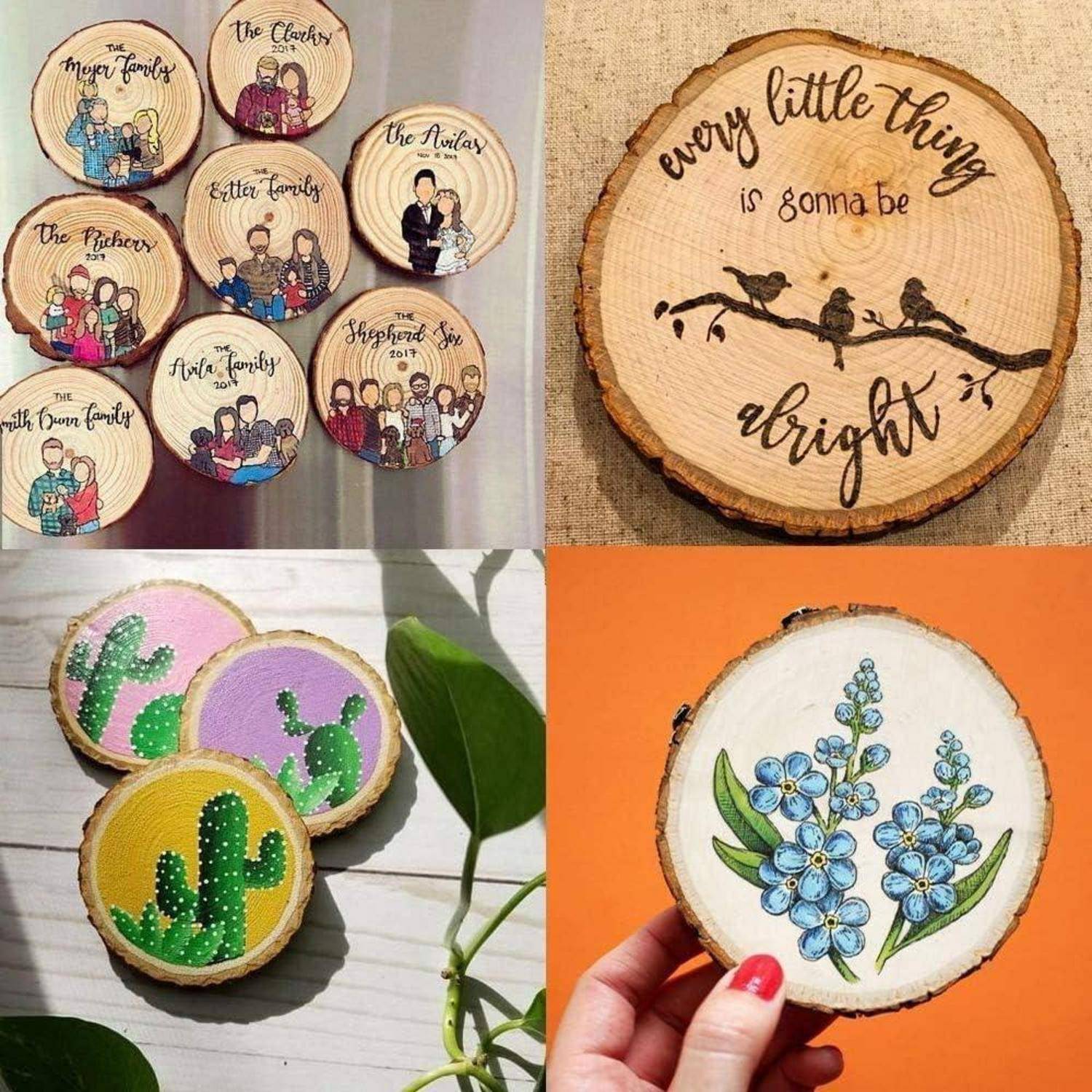 Collage von bemalten Holzscheiben-Dekoration: Familiennamenschilder, Text „every little thing is gonna be alright