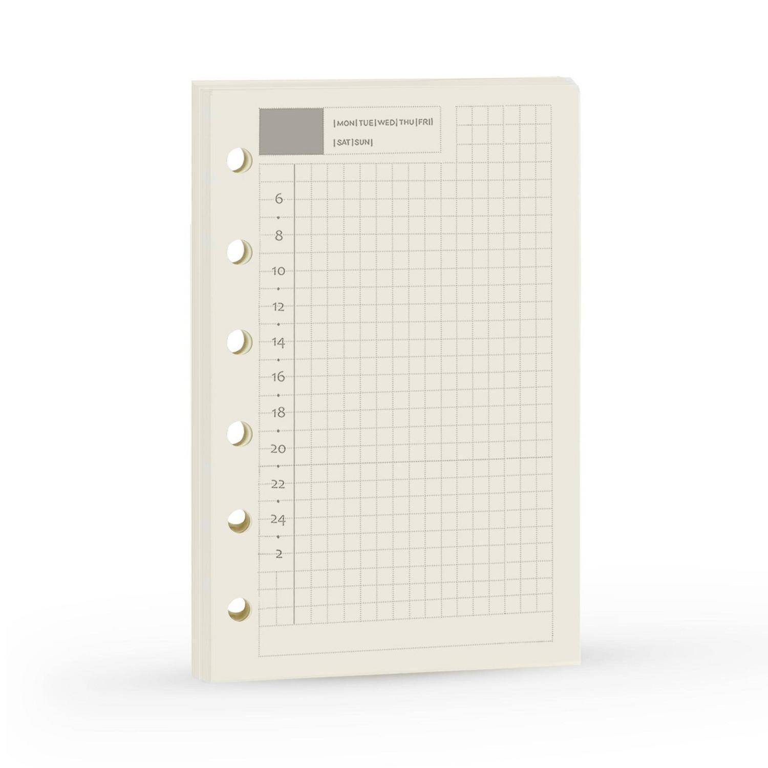 Leere wöchentliche Plannerseite mit linker Lochung für die Bindung, Tagesbezeichnungen oben und nummeriertem Zeitraster von 6 bis 24 zur Planung von Aufgaben.