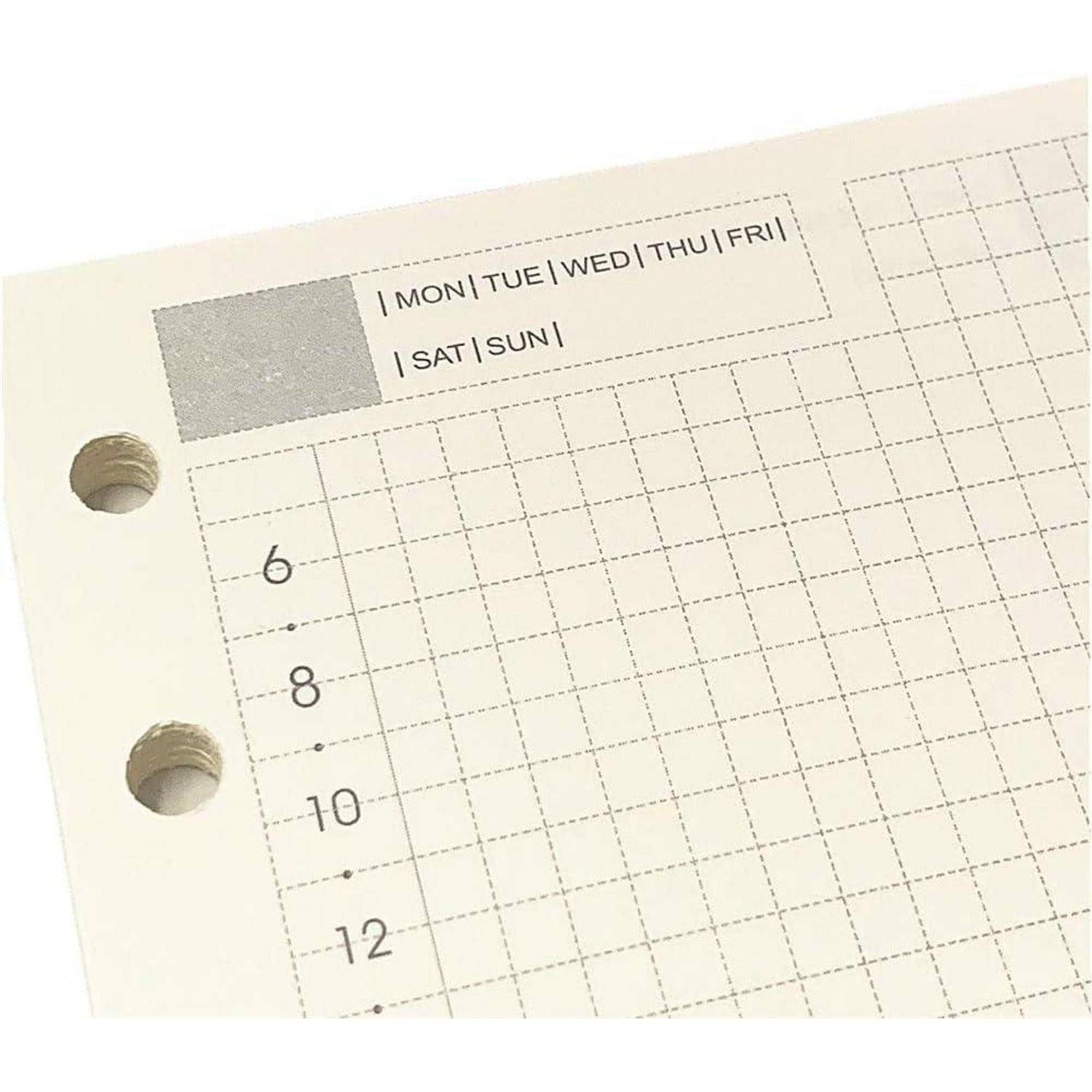 Nahaufnahme einer leeren Plannerseite mit gepunkteter Rasterfläche, Zeitangaben 6, 8, 10, 12 und Wochentags-Überschriften „MON DI MIT DON FRE
