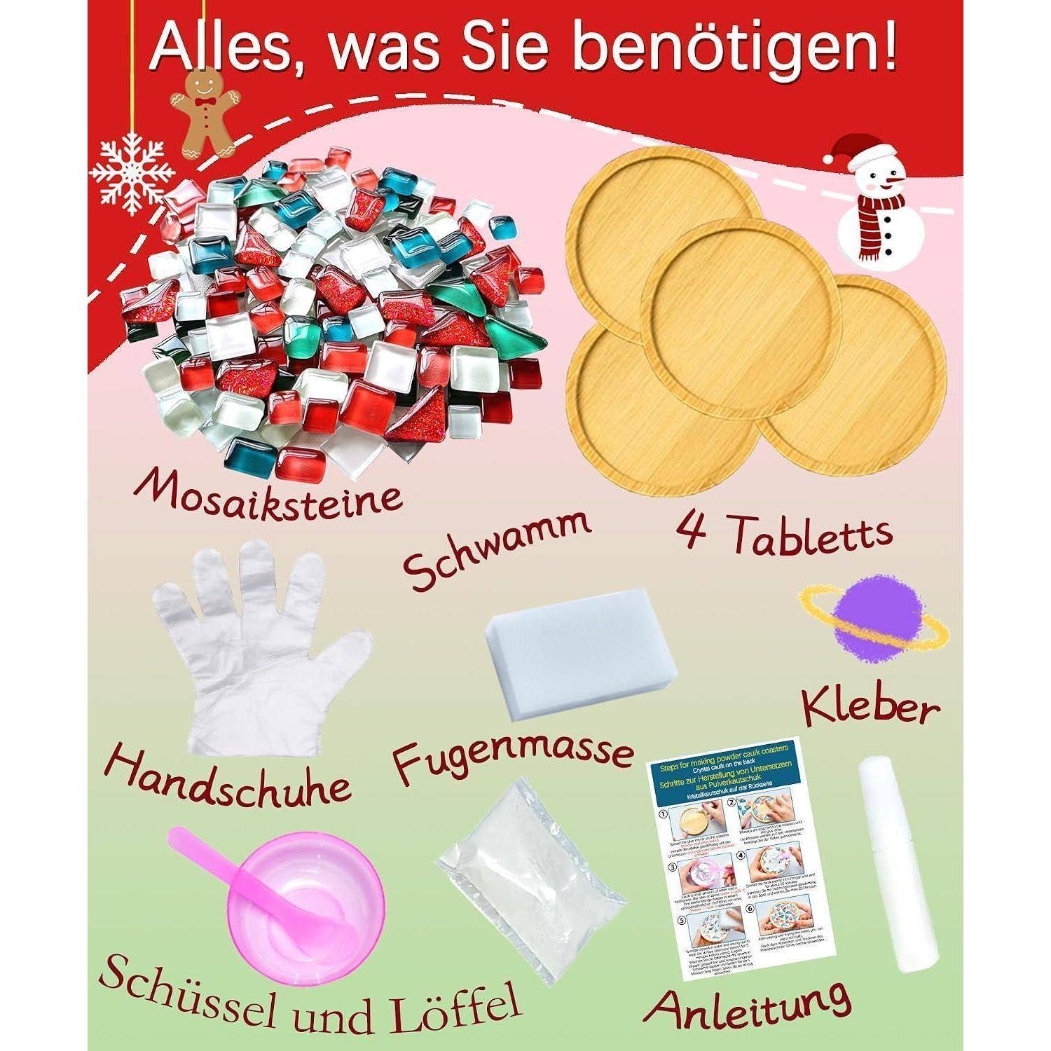 Benötigte Bastelmaterialien: Mosaiksteine, Schwamm, 4 Tabletten, Kleber, Handschuhe, Fugenmasse, Schüssel und Löffel, Anleitung.