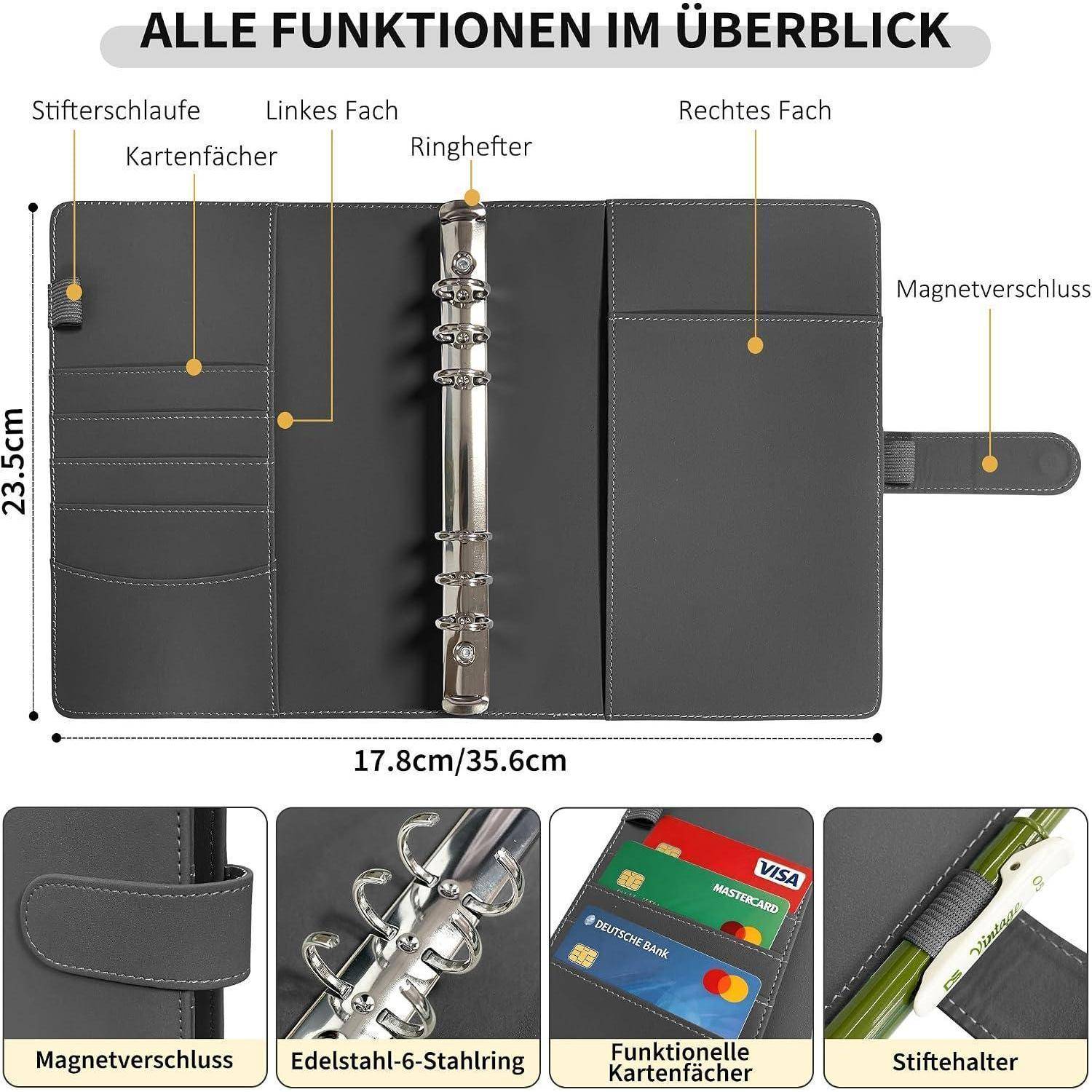 Annotiertes offenes Ringbinder-Notizbuch mit Taschen, Kartenfächern, Stiftschlaufe und Magnetverschluss, mit Abmessungen und Nahaufnahmen der Funktionen.