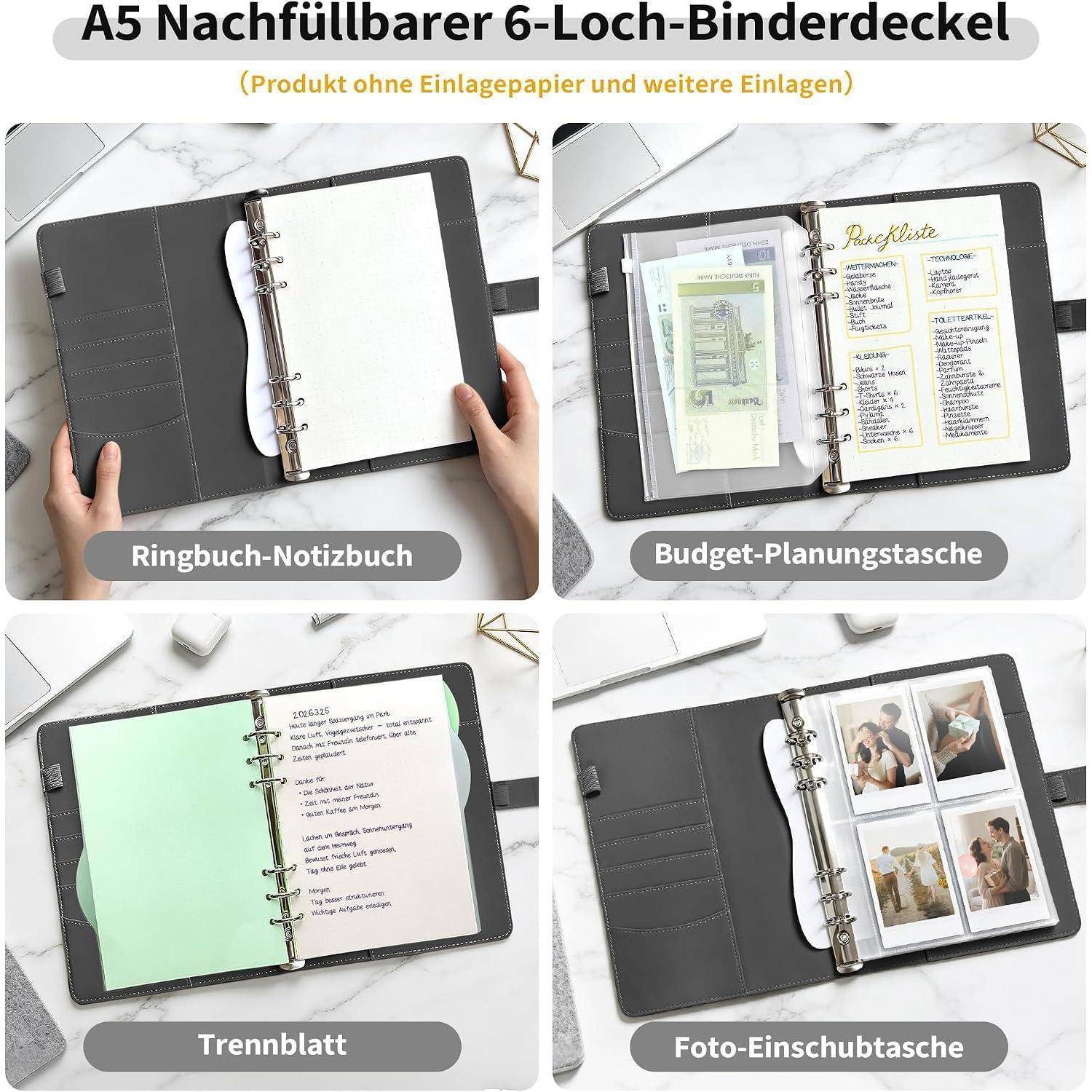 Produktbild einer nachfüllbaren A5-Ringbinderhülle in vier Anwendungen: Notizbuch, Budgetplanungstasche, Trennblatt und Fototasche.
