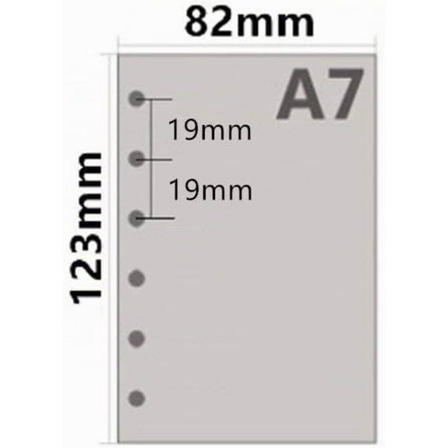 Diagramm einer A7-Seite, 82 mm × 123 mm, mit drei Binderlöchern, die 19 mm voneinander entfernt nahe der linken Kante angebracht sind.