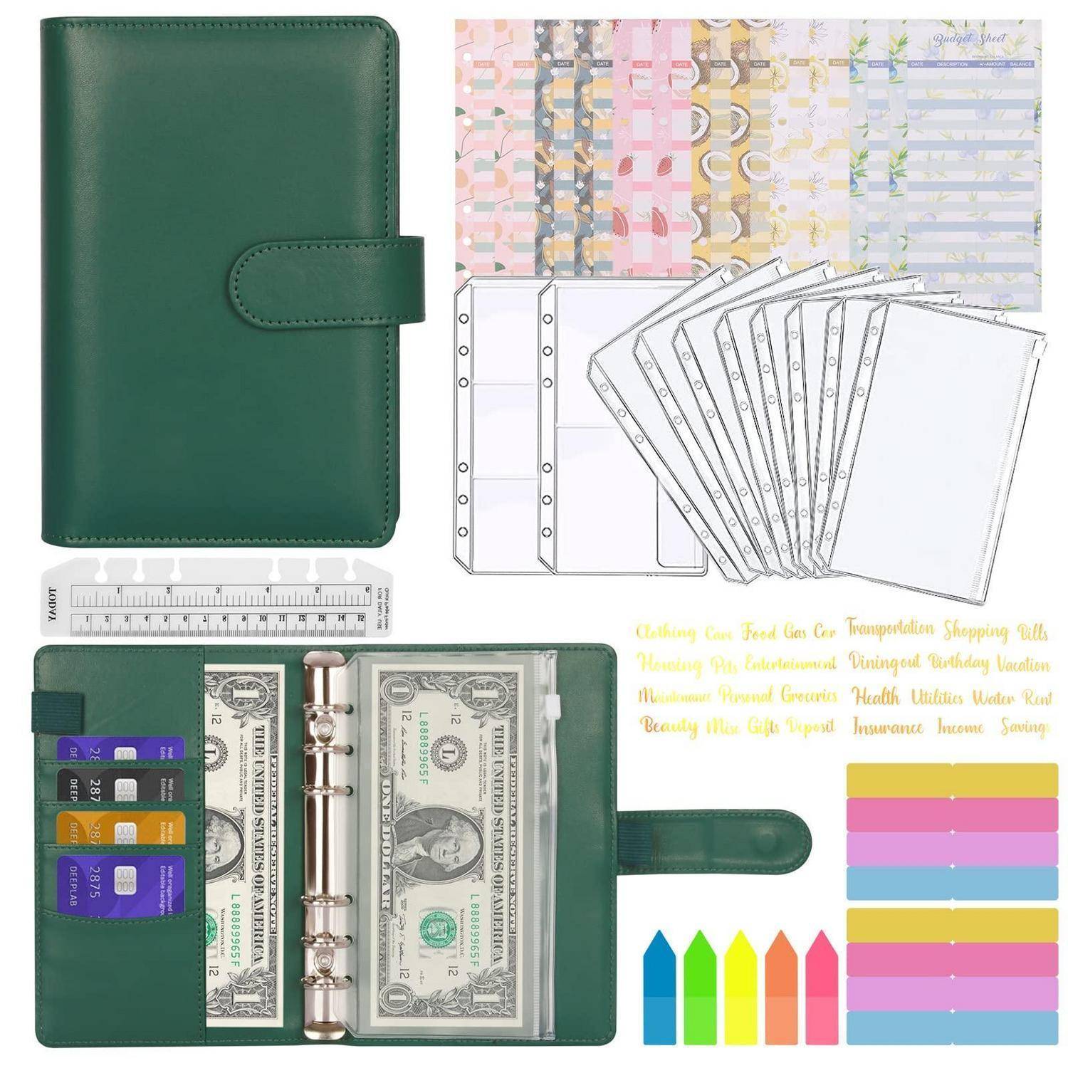 Grüner Budget-Planer-Organizer mit Druckknopfverschluss, Trennblättern, Geldtaschen, Etiketten, Lineal und farbigen Registerkarten zum Budgetieren und Planen.