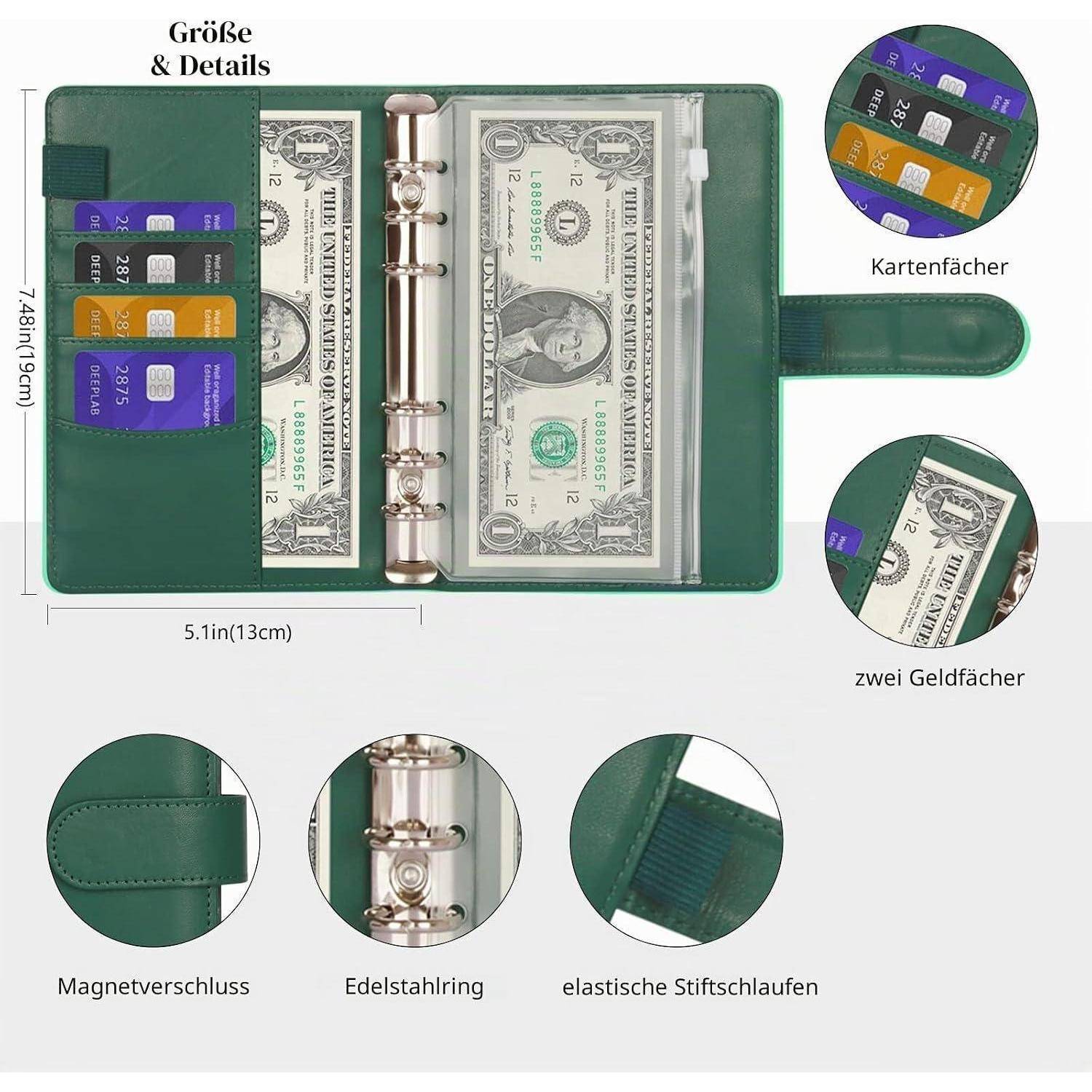Grüner Organizer im Ordner-Stil mit Ringbindung, Kartensteckplätzen, zwei Geldscheinfächern und Magnetverschluss; mit beschrifteten Abmessungen und Funktionen auf Deutsch.