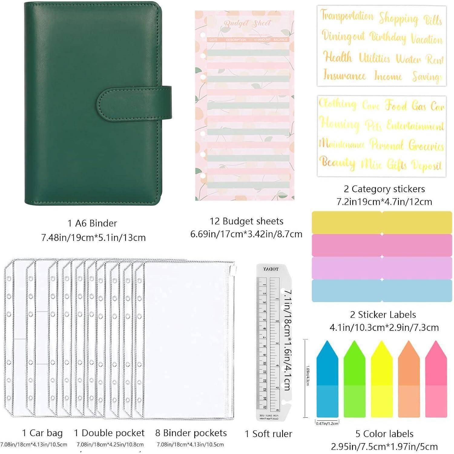 Ein Budgetierungsordner-Set mit einem grünen A6-Ordner, 12 Budgetblättern, Kategorieaufklebern, Autotasche, Doppeltasche, 8 Ordnertaschen, weichem Lineal und farbenfrohen Etiketten.
