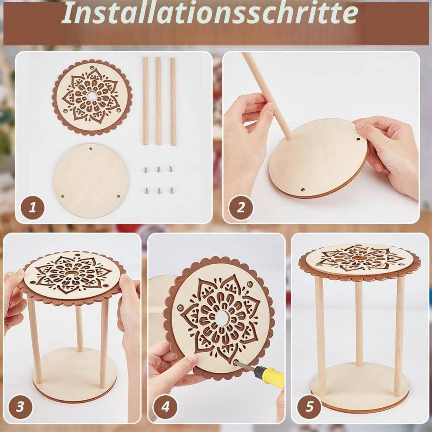 Anleitung Collage zum Zusammenbau eines runden hölzernen Dekorationsstanders, von den Teilen bis zum fertiggestellten dreibeinigen Ausstellungsständer.