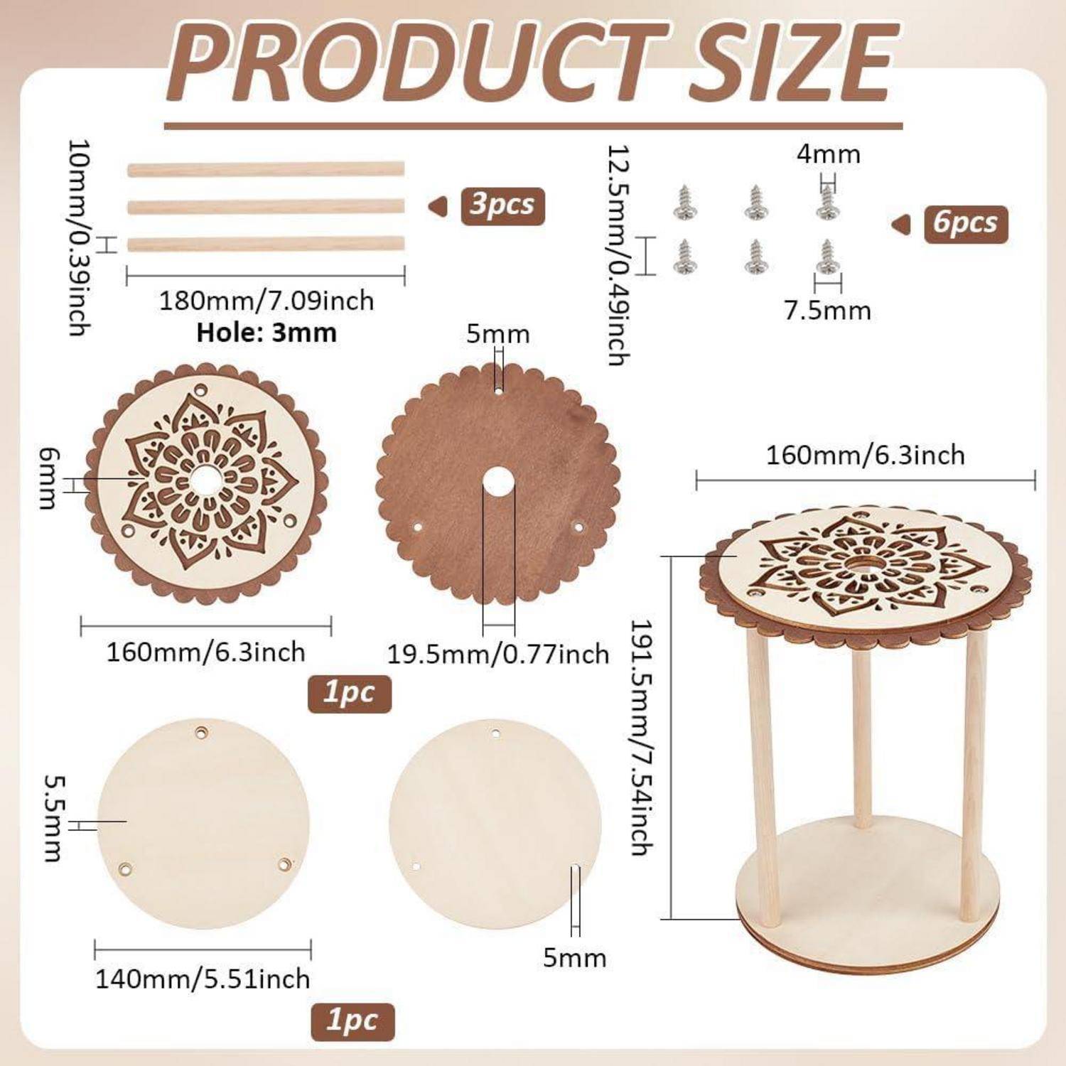 Produktgrößendiagramm für einen kleinen runden Tisch oder Ständer mit kreisförmigen Holzteilen, Schrauben und Abmessungen in mm und Zoll.