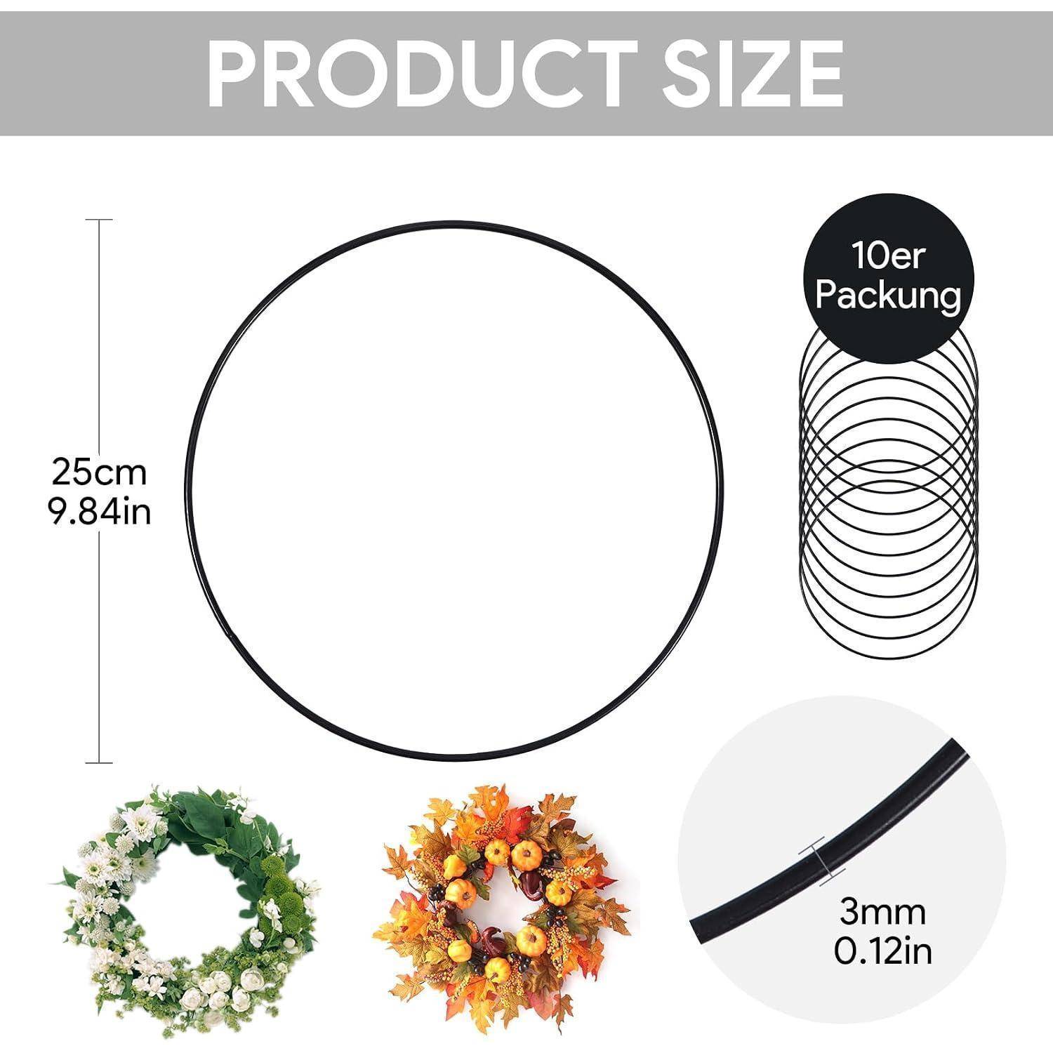 Produktgrößentabelle mit einem 25 cm (9,84 Zoll) großen Kranz, einer 10er-Packung und einer Stieldicke von 3 mm (0,12 Zoll).