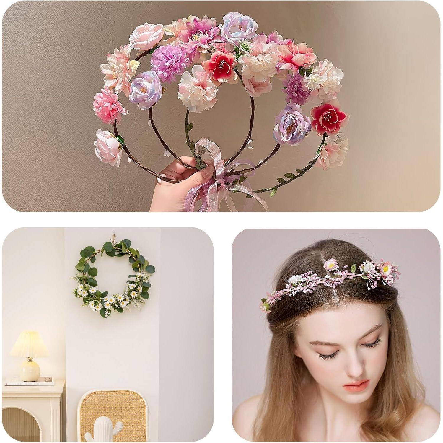 Collage aus Blumendraht-Kopfschmuck und Kränzen: Eine Hand hält eine rosa Blumenkrone, ein Wandkranz hängt in einem Zimmer, und eine Frau trägt ein zartes Blumen-Haarband.