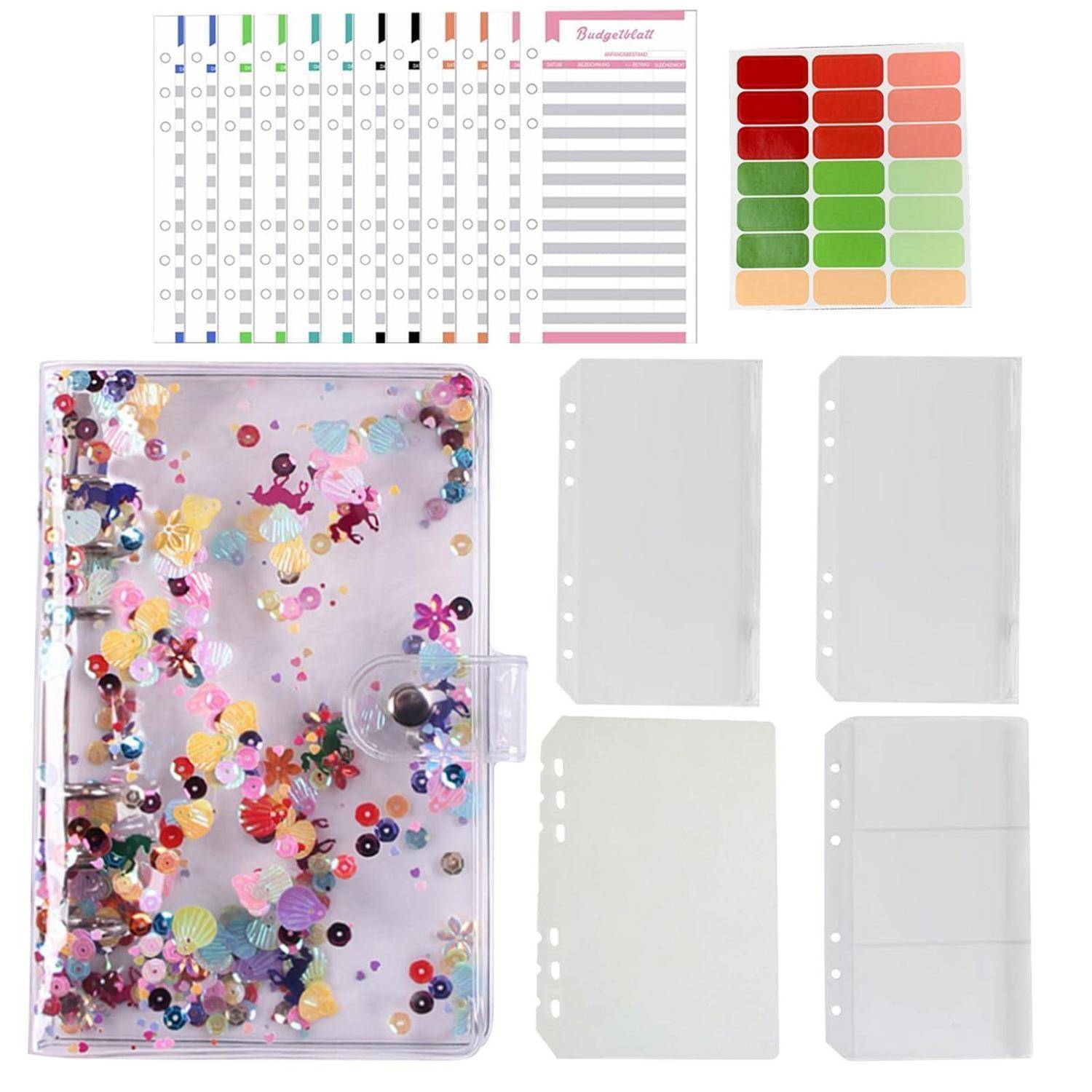 Bunte Glitter-Ordnerorganizer-Set mit Budget-Einsätzen, Budget-Tabelle, Aufklebern und vier durchsichtigen Trennblättern in einem klaren paillettenbesetzten Plannercover.