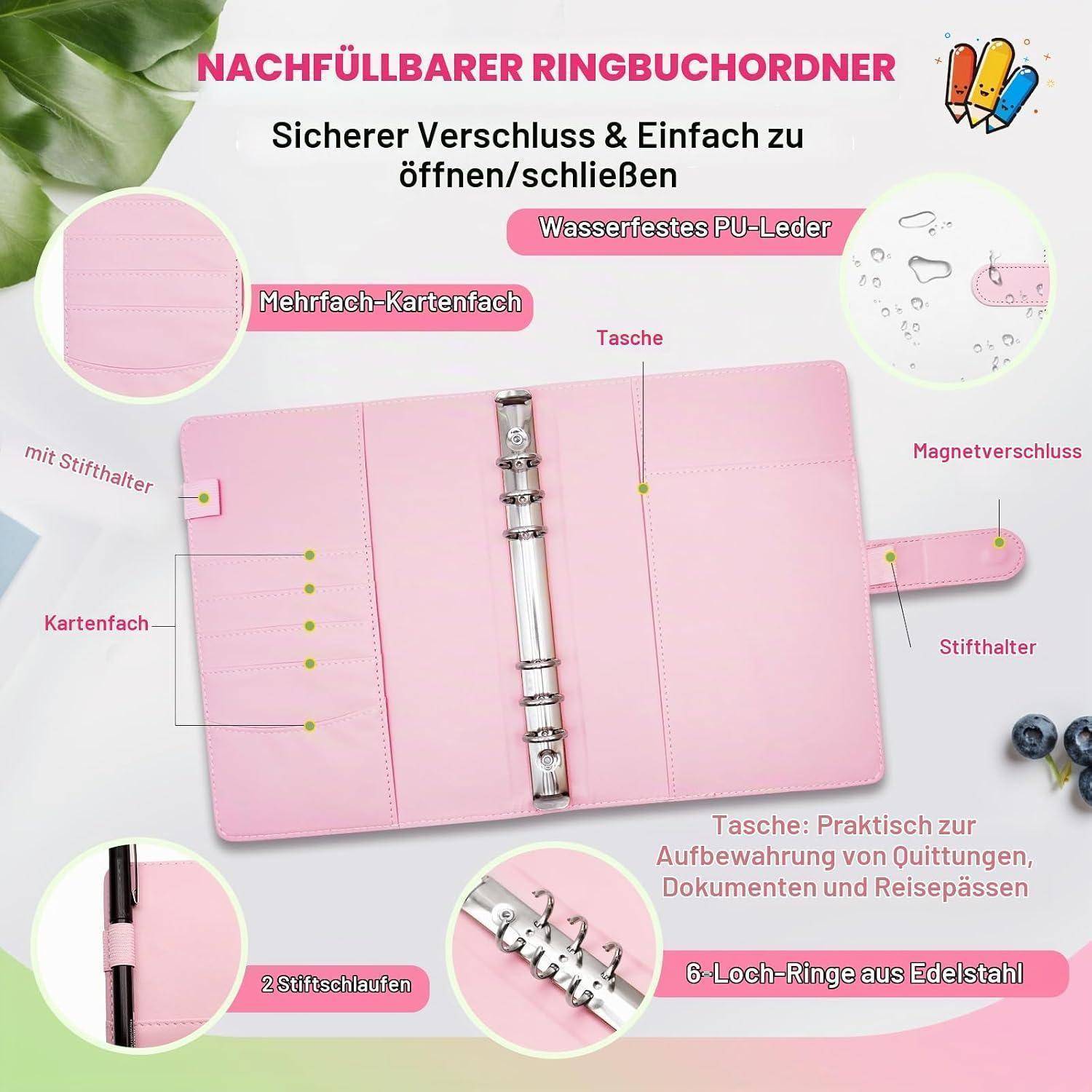 Rosa nachfüllbarer Ringordner mit Magnetverschluss, Kartenfächern, Stifthaltern, Tasche und 6 Edelstahlringen; mit deutscher Beschriftung.
